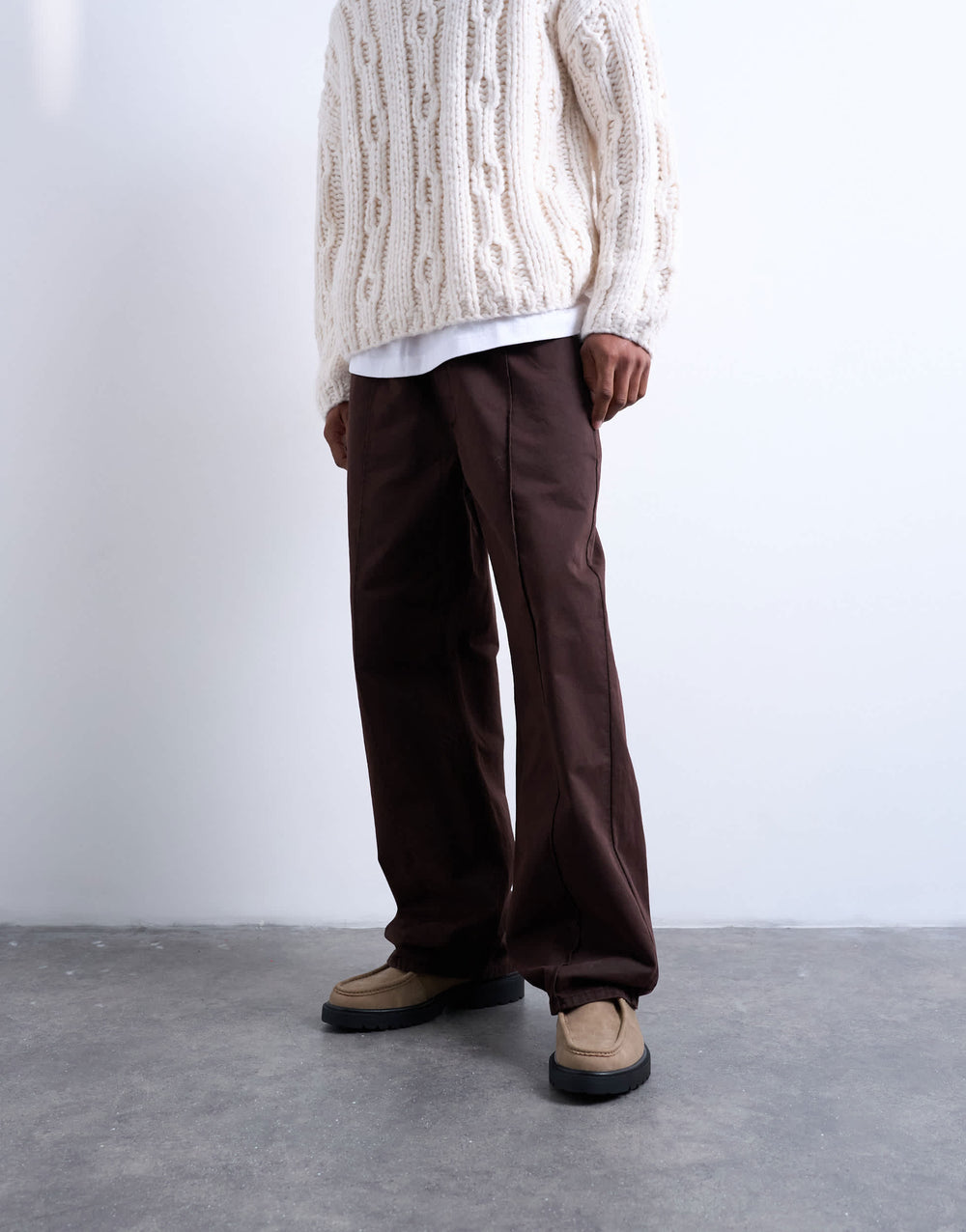 Pantalon ample en sergé avec nervures marron Topman