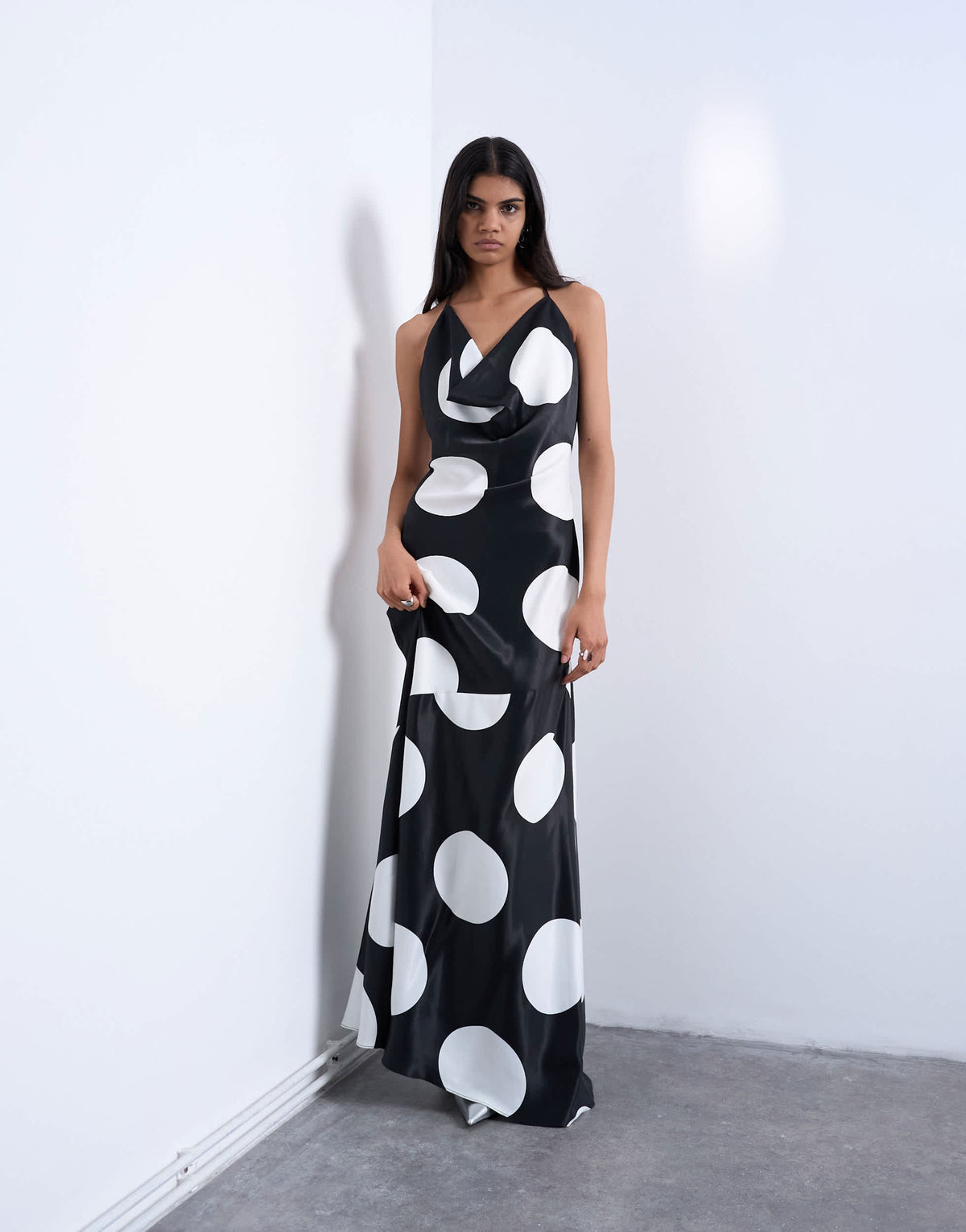 Topshop occasion cowl neck dress in mono polka dot print