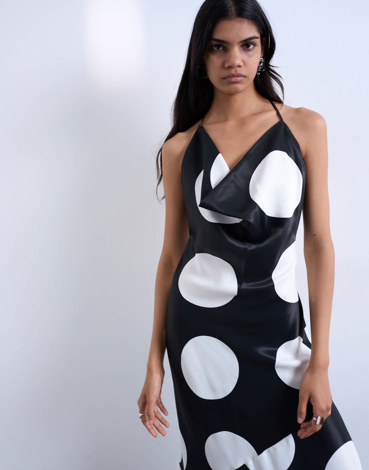 Topshop occasion cowl neck dress in mono polka dot print
