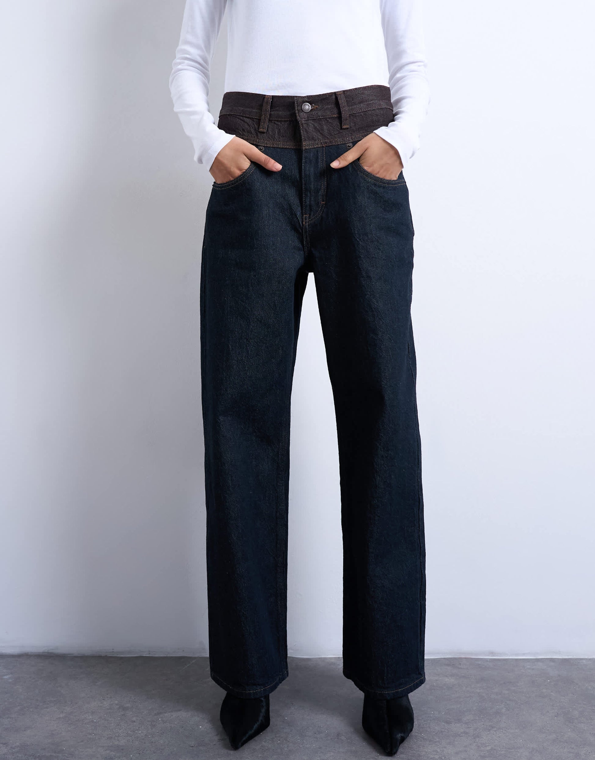 Topshop two toned high rise loose fit jean in brown and black