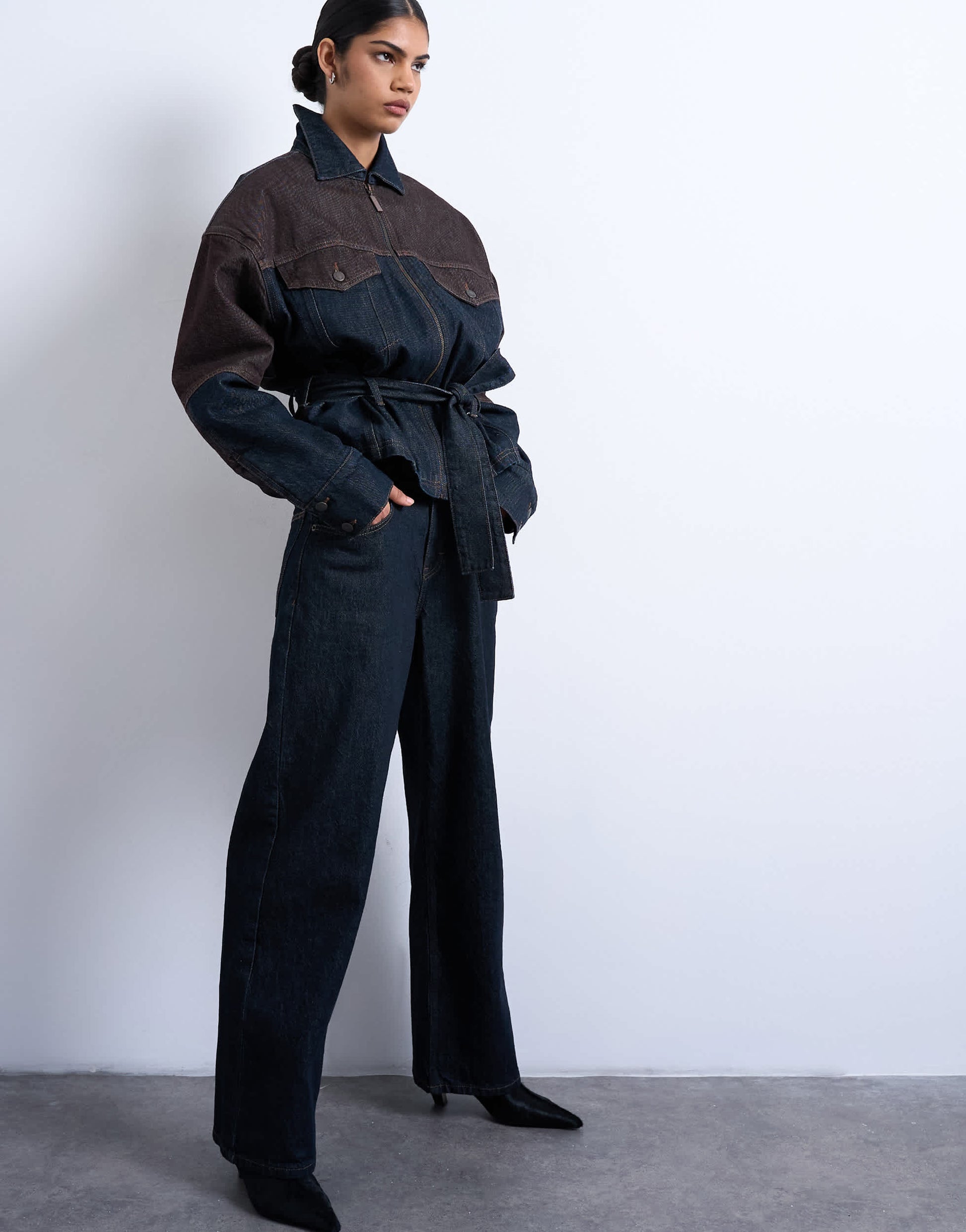Topshop two toned high rise loose fit jean in brown and black