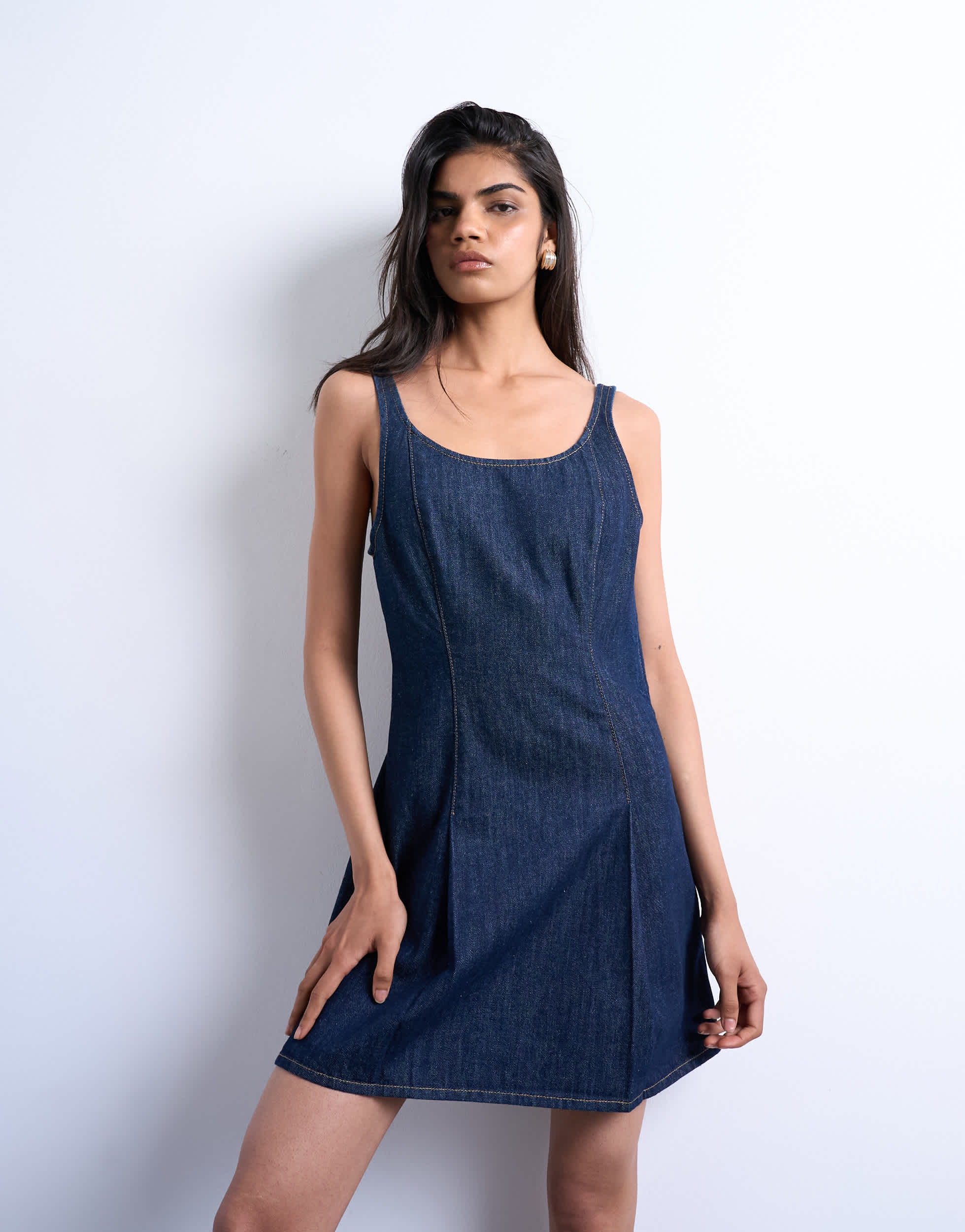 Topshop denim pleat detail mini dress in indigo rinse