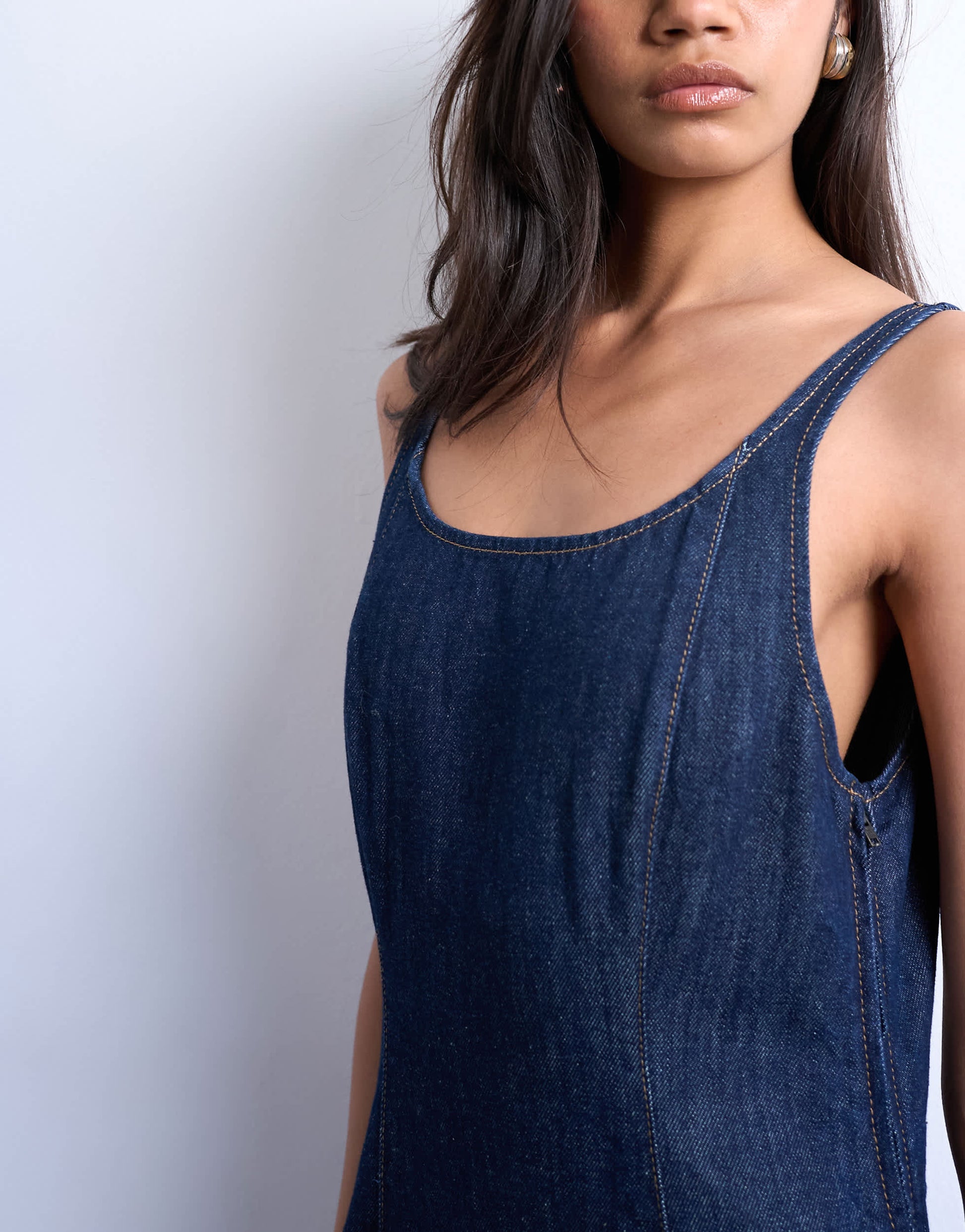 Topshop denim pleat detail mini dress in indigo rinse