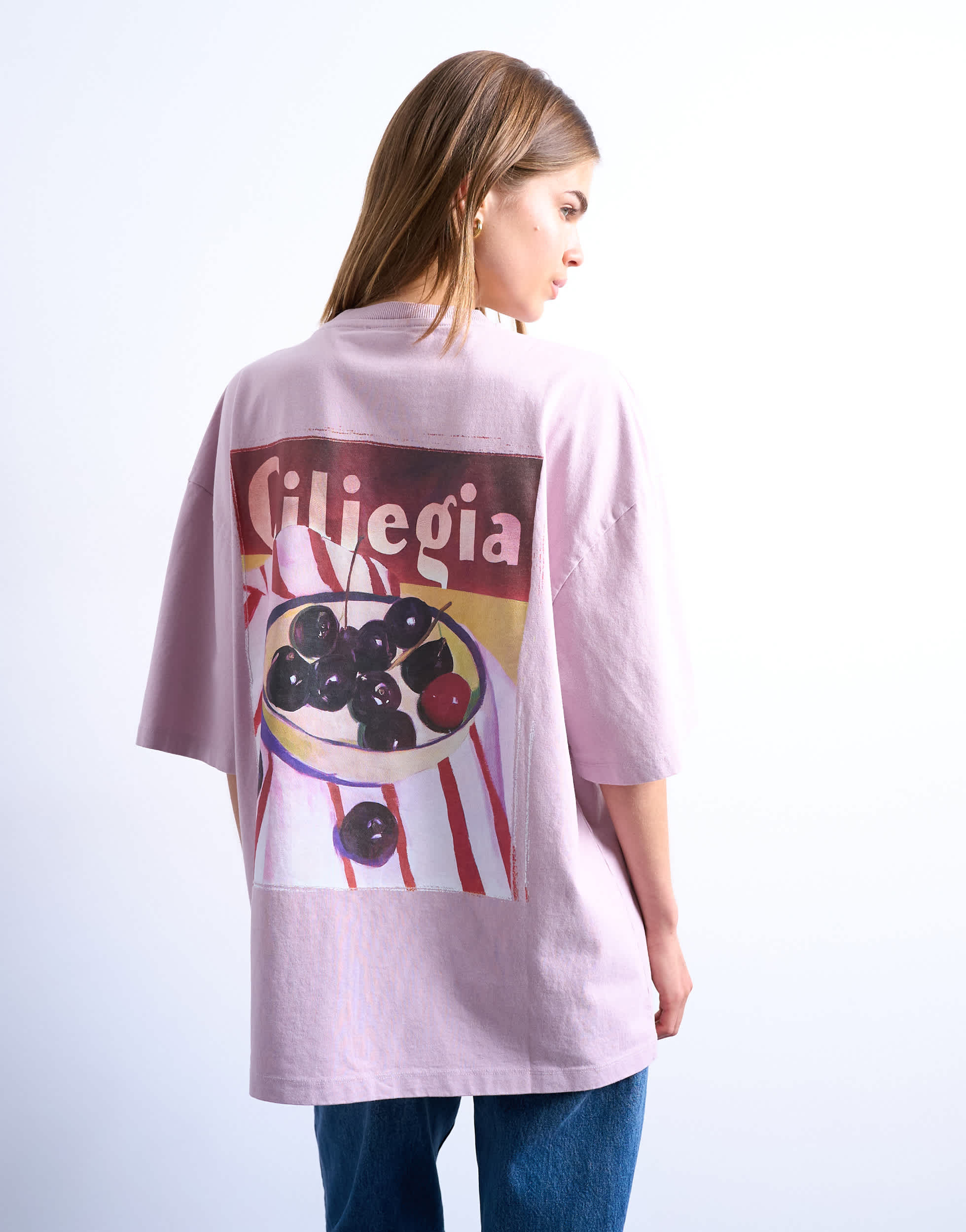Topshop Oversize-T-Shirt mit Grafikprint „Ciliegia“ auf dem Rücken in Pink