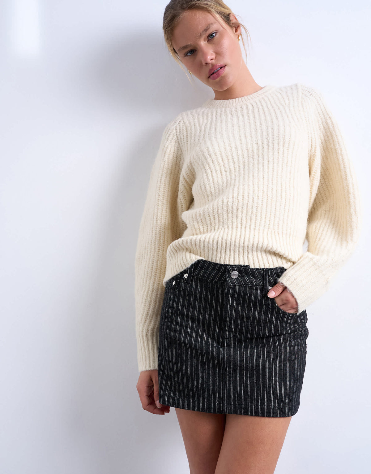 Topshop denim pelmet mini skirt in black stripe