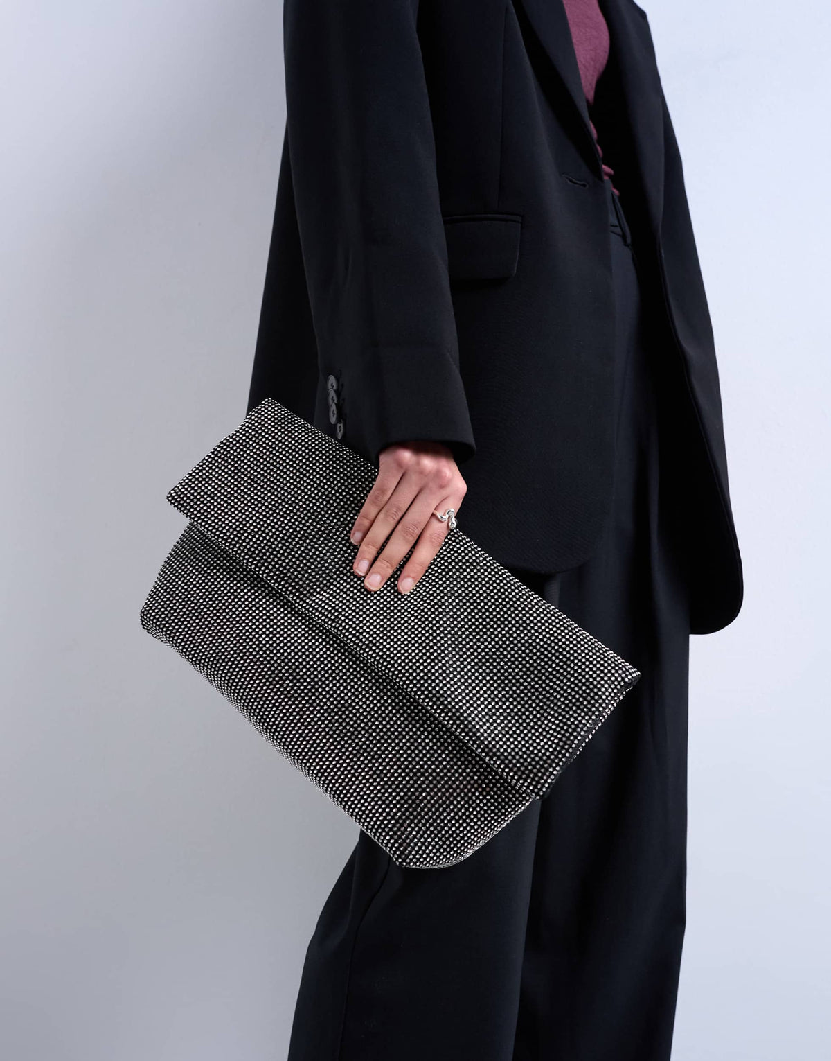 Topshop Georgia large folded clutch grab diamante bag in black