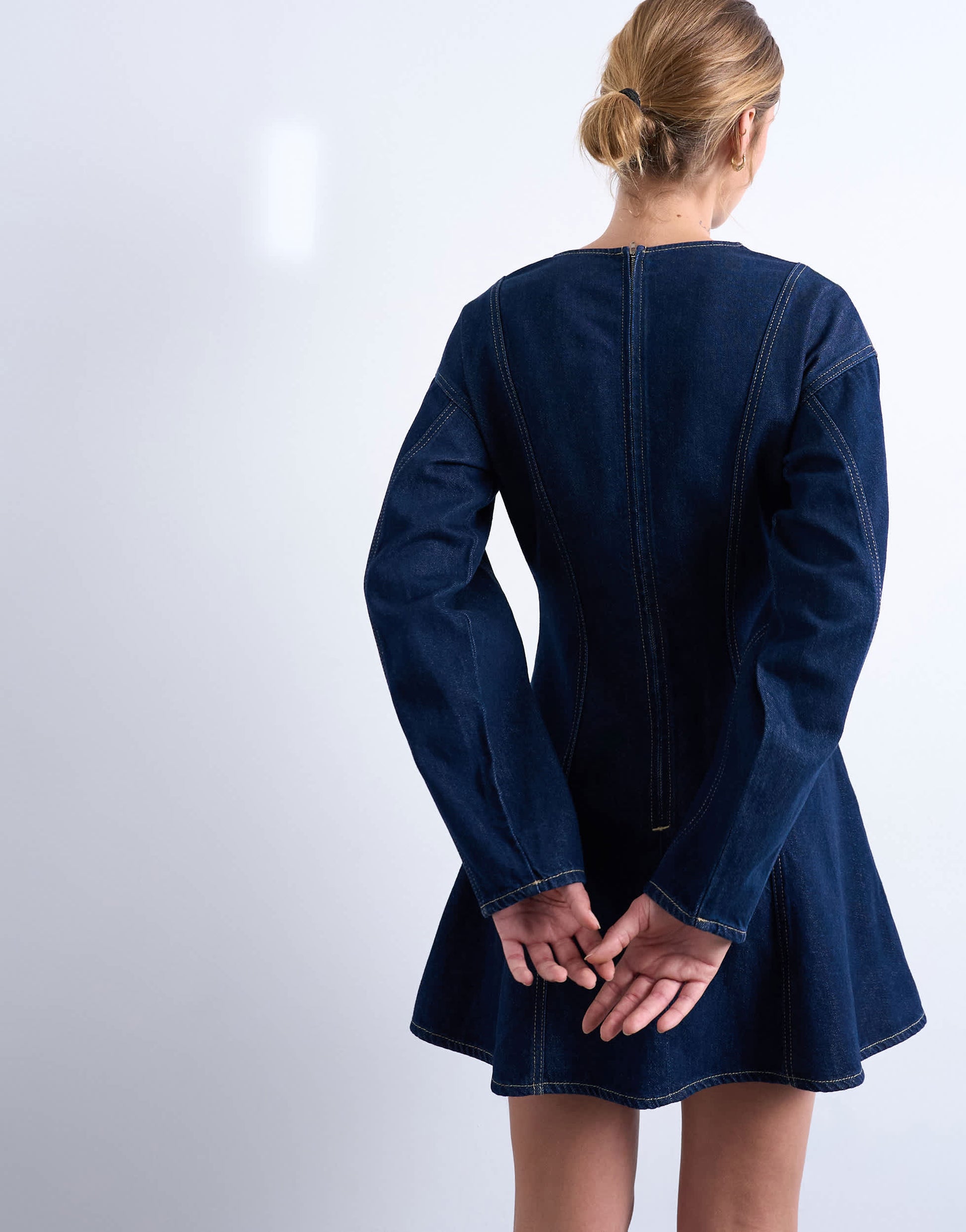 Topshop denim long sleeve flared mini dress in rinse