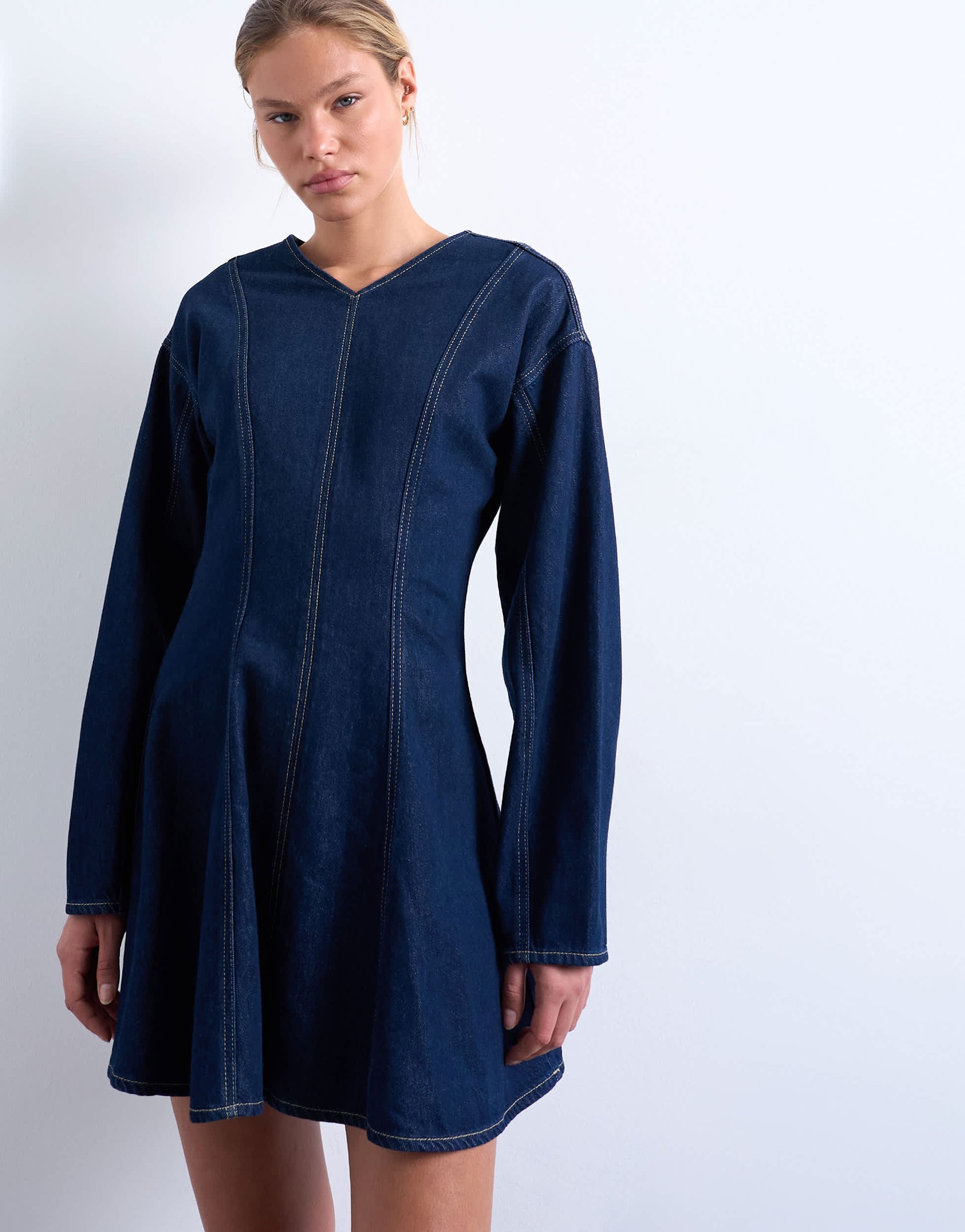 Topshop denim long sleeve flared mini dress in rinse