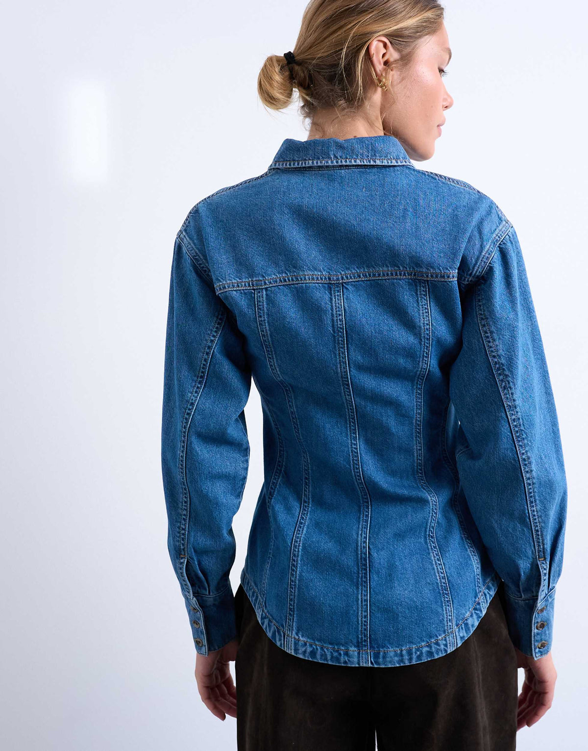 Topshop denim cinched shirt with seam detail in mid blue