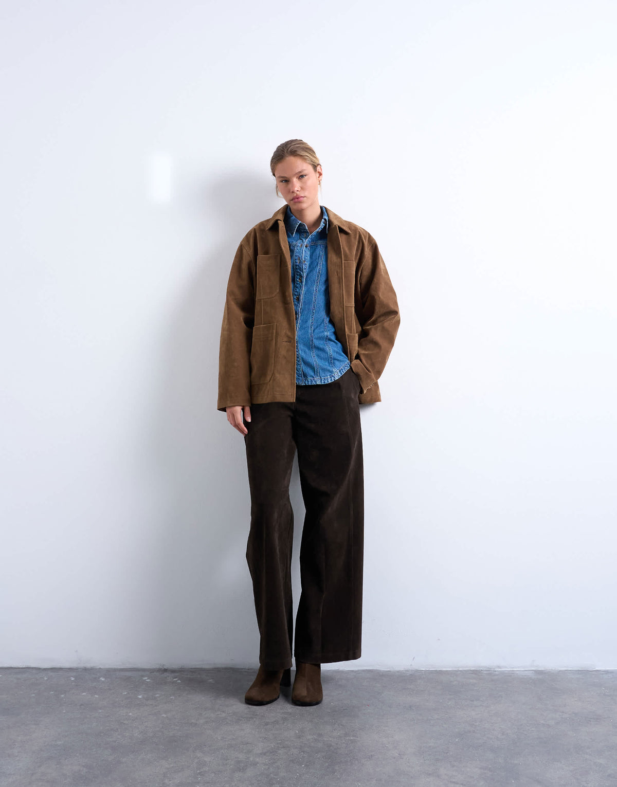 Topshop denim cinched shirt with seam detail in mid blue