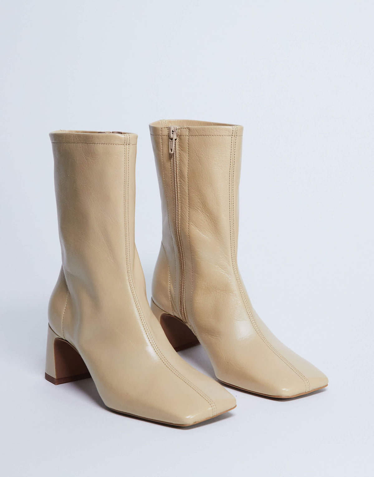 Topshop Sara Premium leather square toe flared heel boot in buttermilk