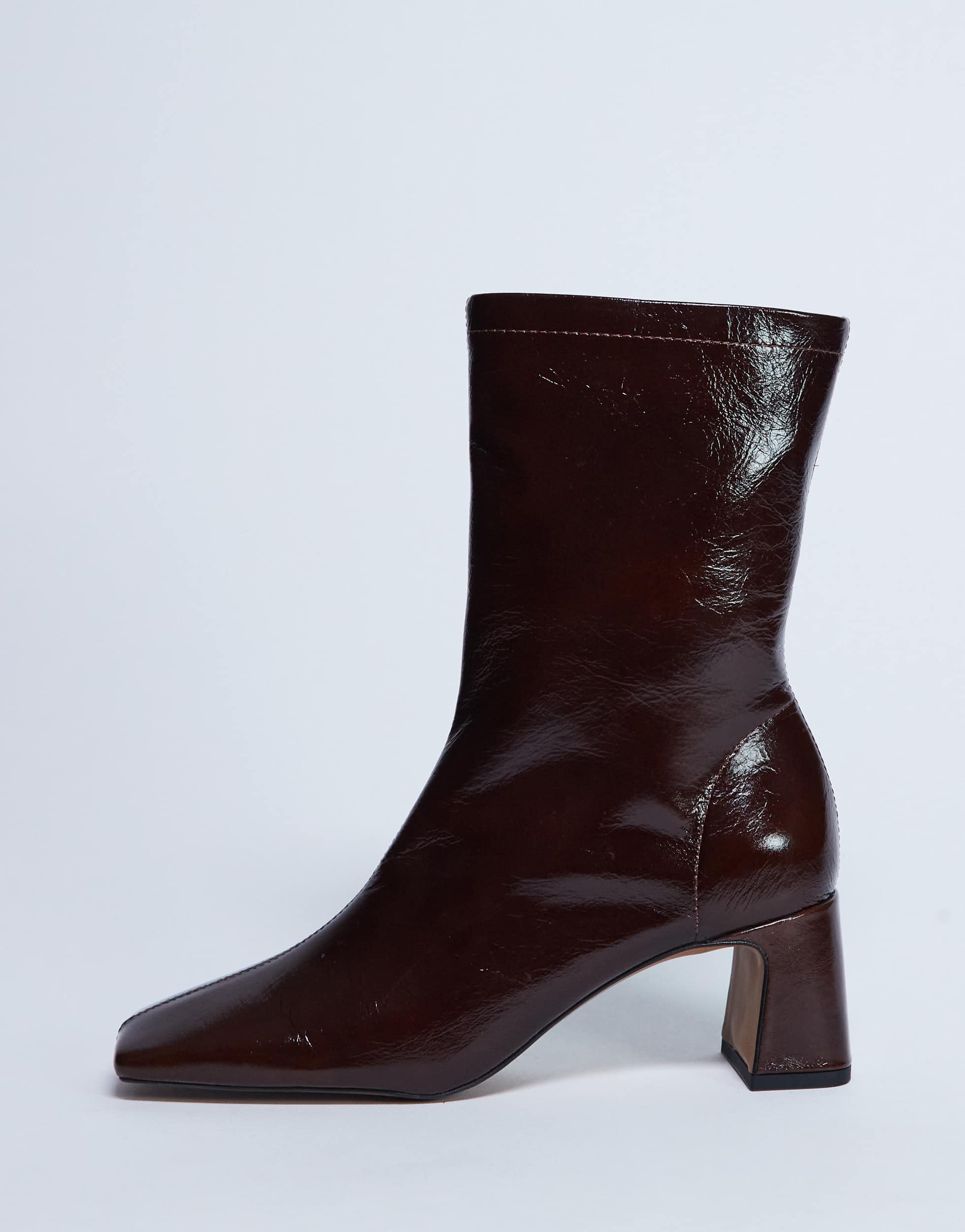Topshop Sara Premium leather square toe flared heel boot in chocolate