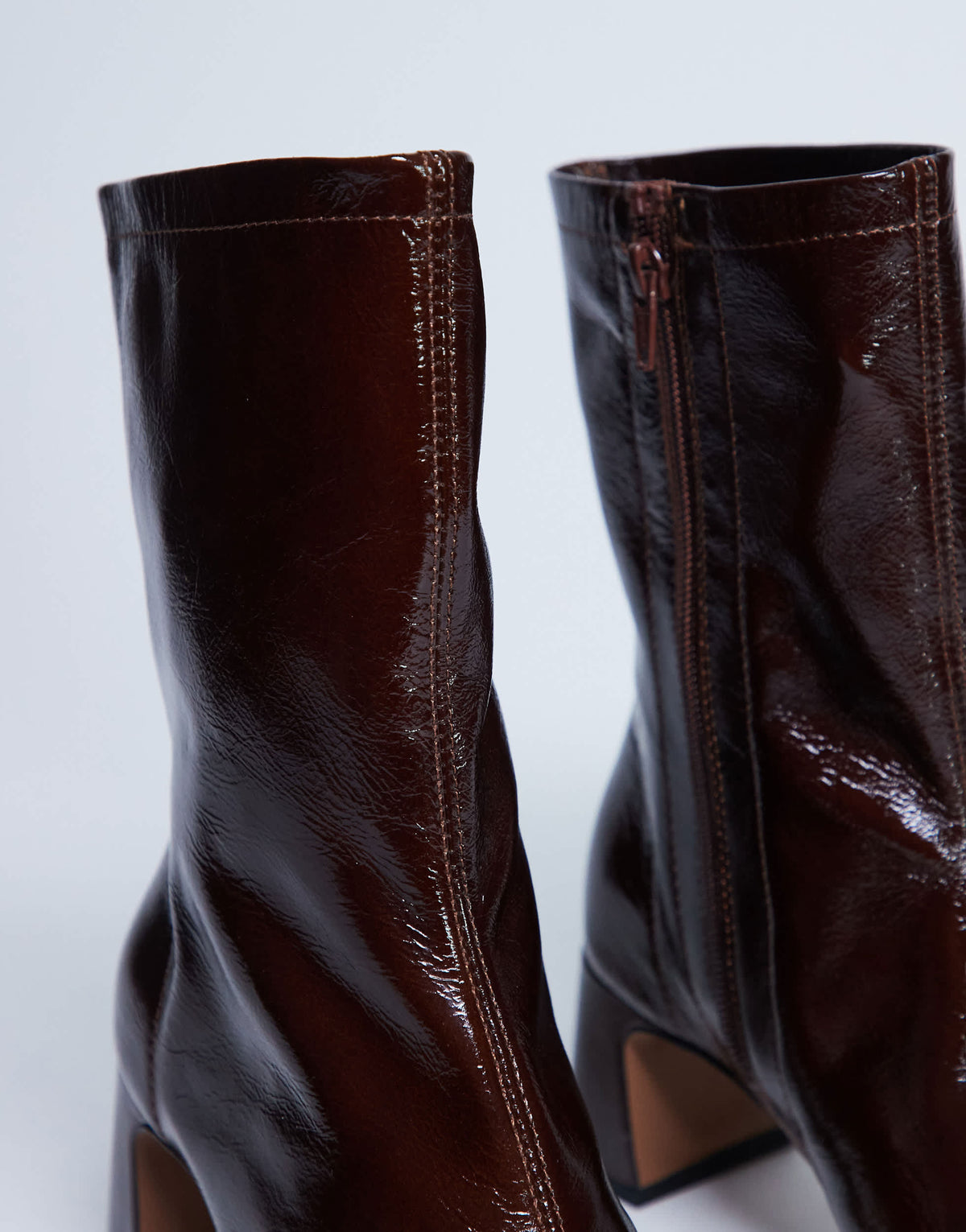 Topshop Sara Premium leather square toe flared heel boot in chocolate 