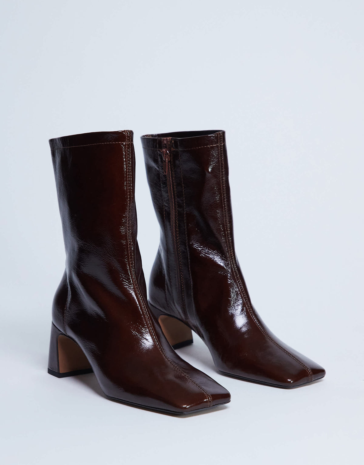 Topshop Sara Premium leather square toe flared heel boot in chocolate 