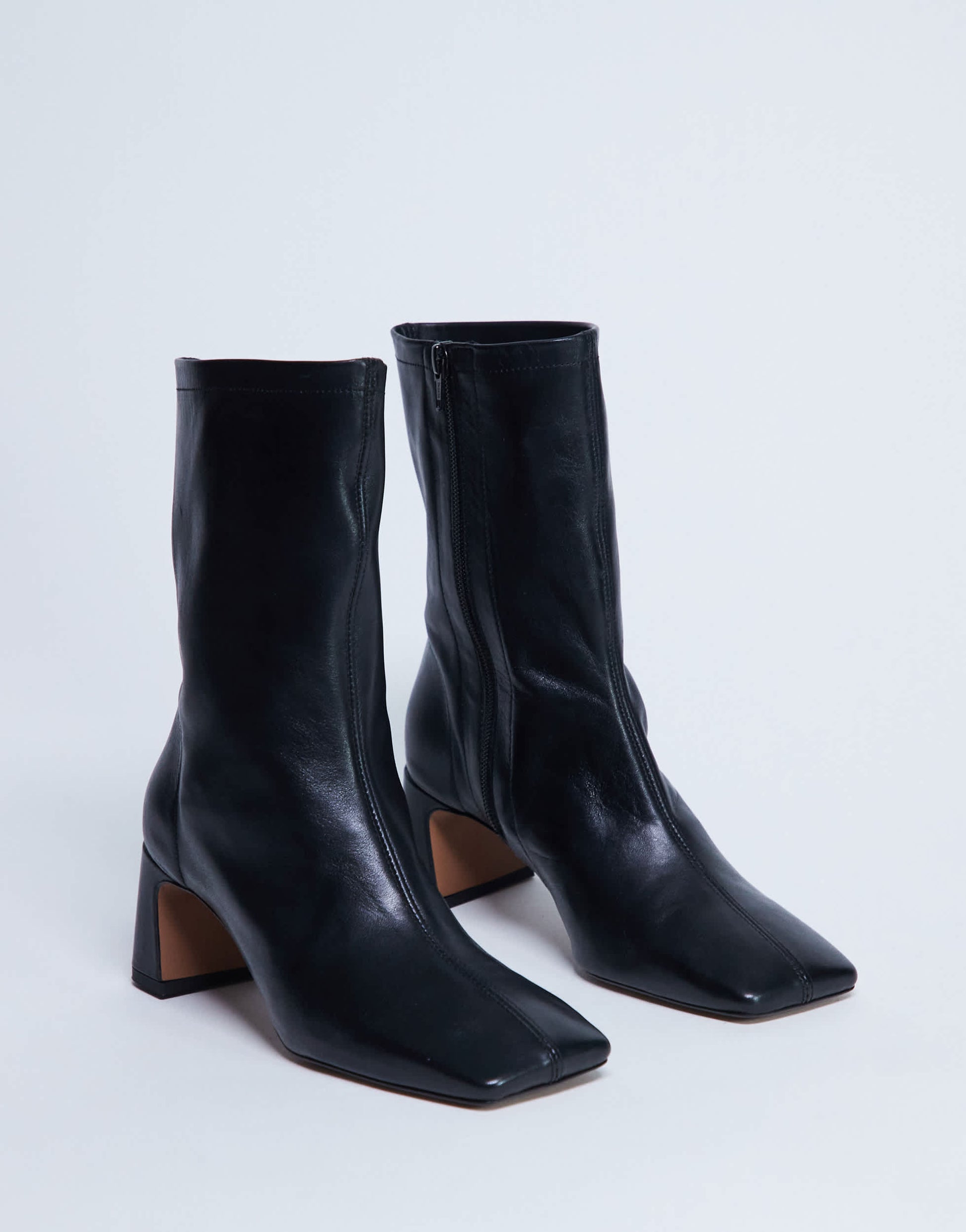 Topshop Sara Premium leather square toe flared heel boot in black