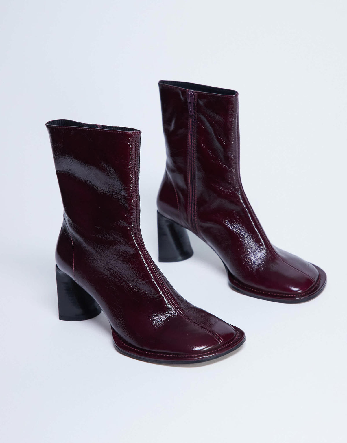 Topshop Star Premium leather round toe block heel boot in burgundy