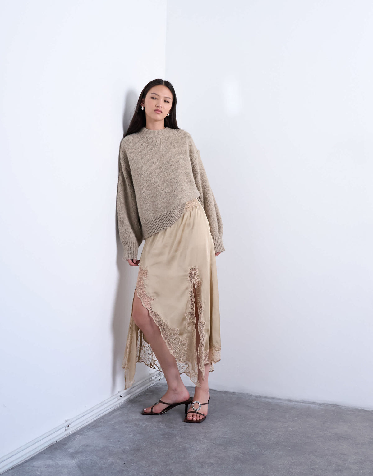 Topshop satin and lace mix hanky hem midi skirt in taupe