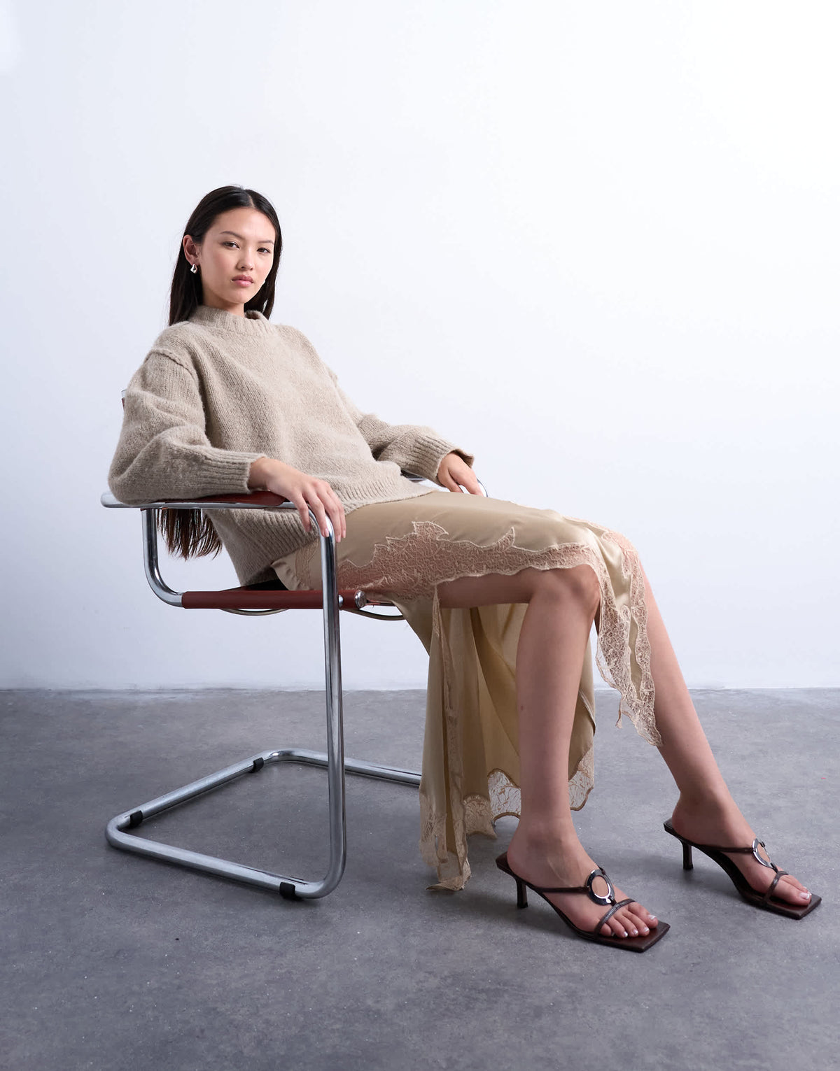 Topshop satin and lace mix hanky hem midi skirt in taupe