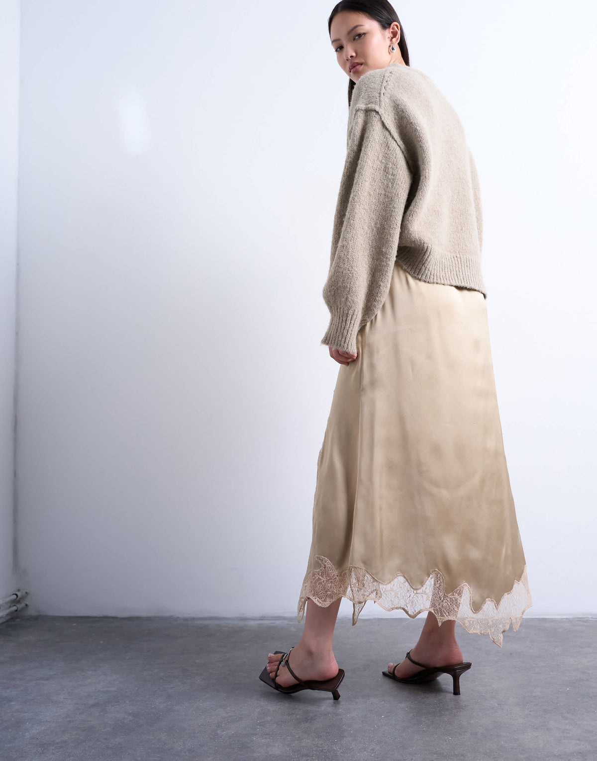 Topshop satin and lace mix hanky hem midi skirt in taupe