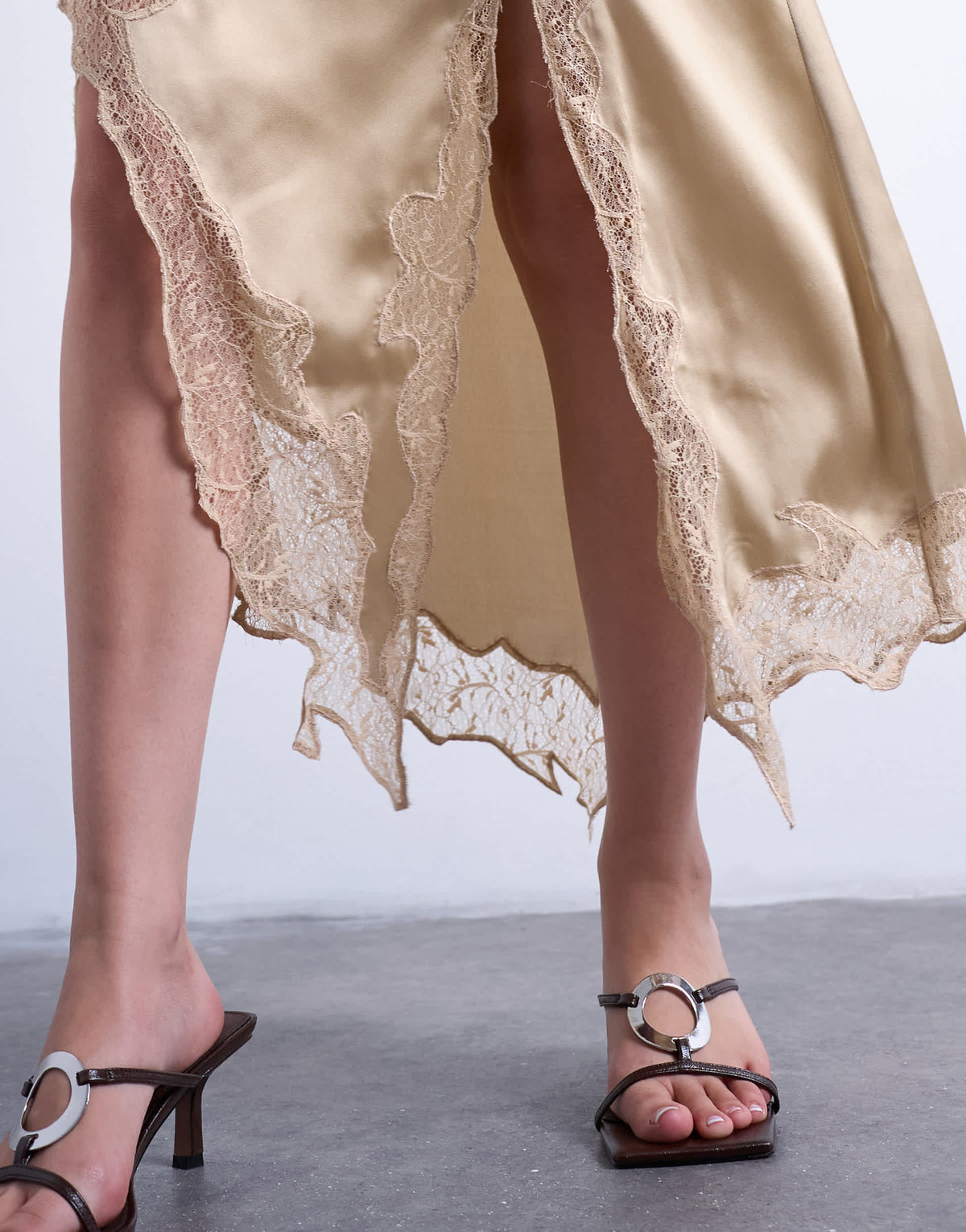 Topshop satin and lace mix hanky hem midi skirt in taupe