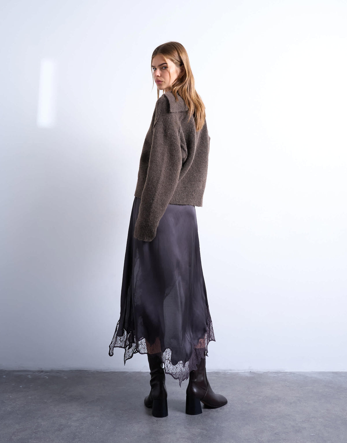 Topshop satin and lace mix hanky hem midi skirt in plum