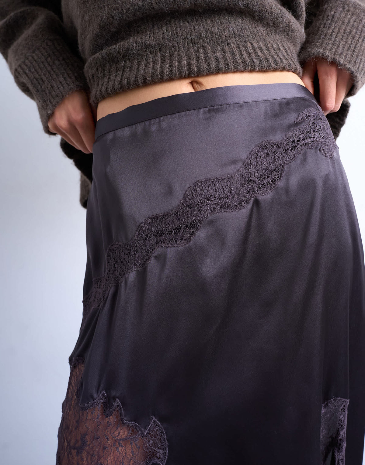 Topshop satin and lace mix hanky hem midi skirt in plum