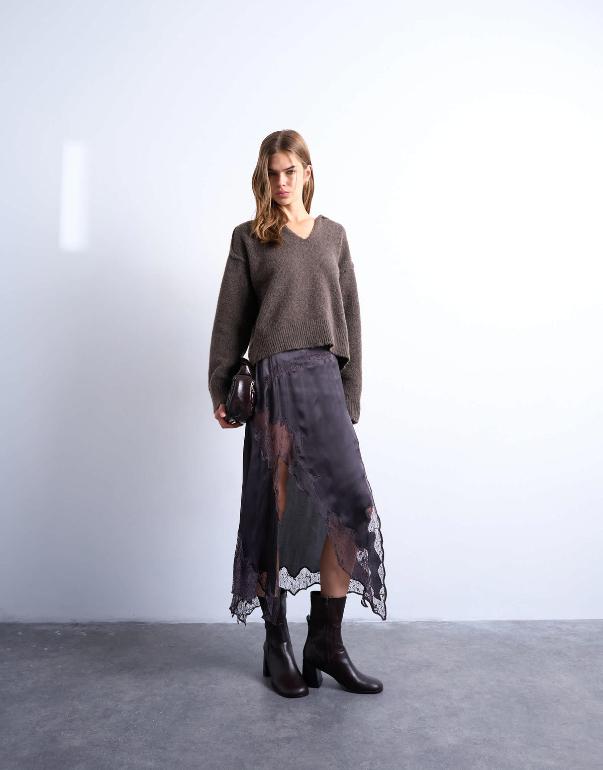 Topshop satin and lace mix hanky hem midi skirt in plum
