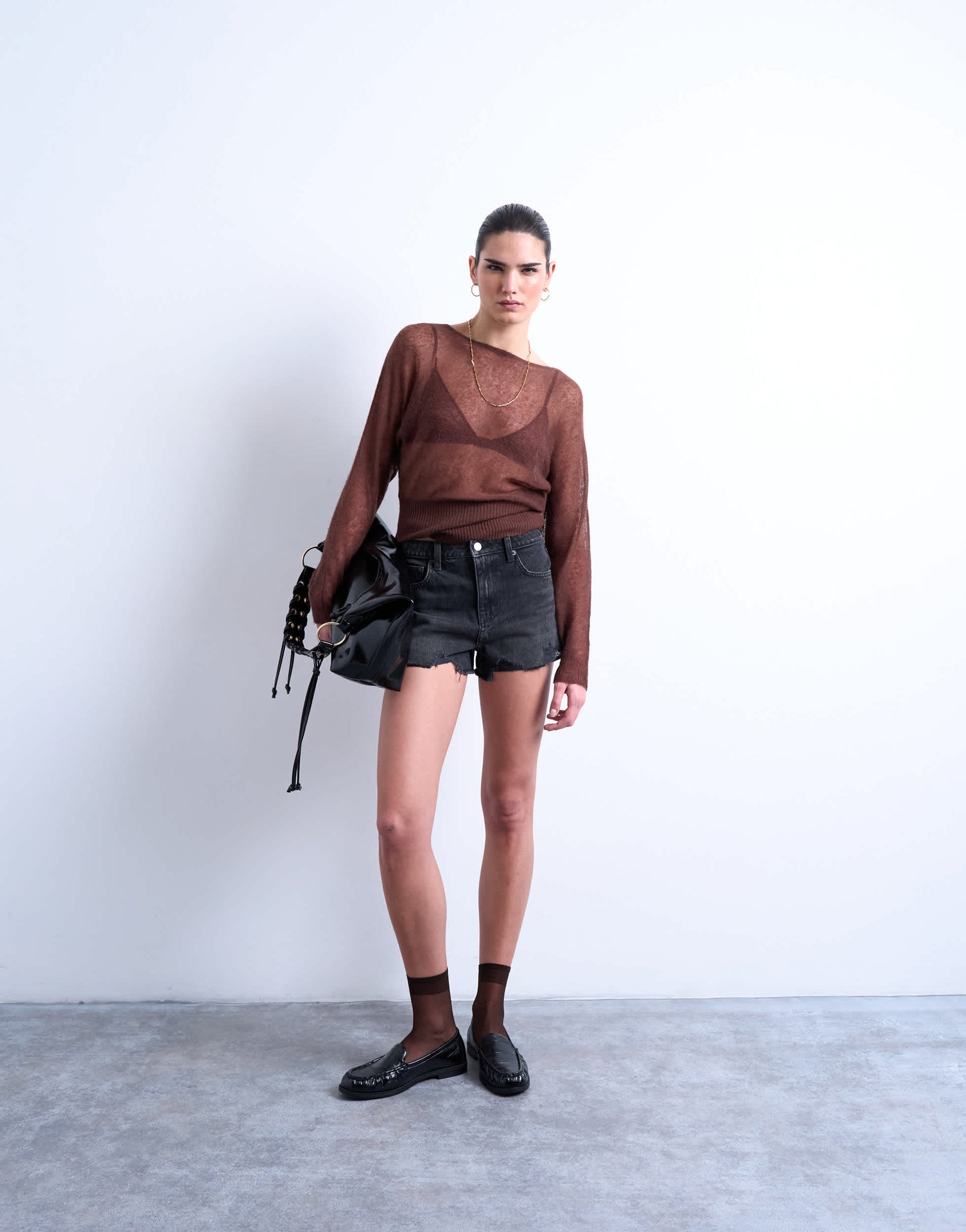 Topshop denim A-line shorts with rip in washed black