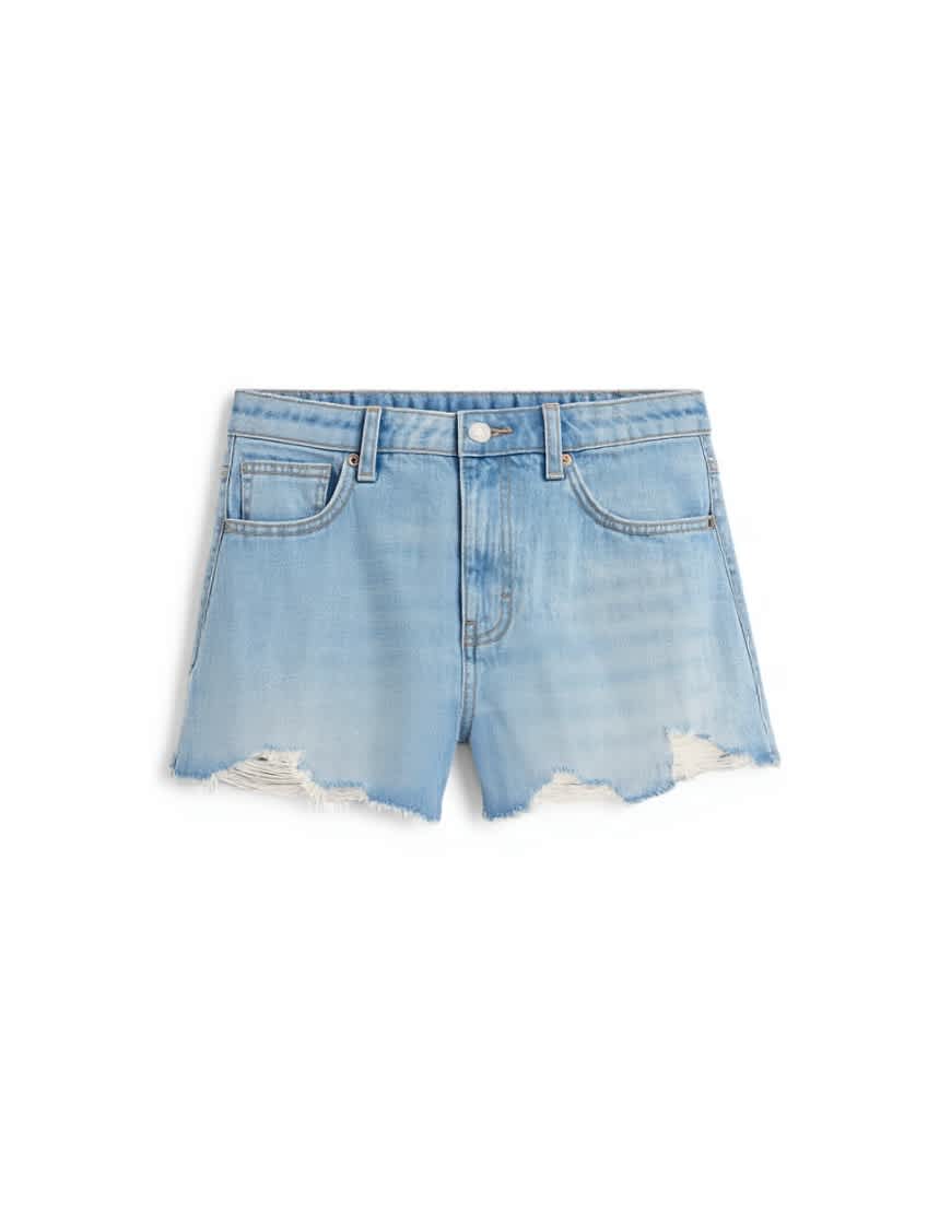 Topshop denim A-line shorts with rip in bleach