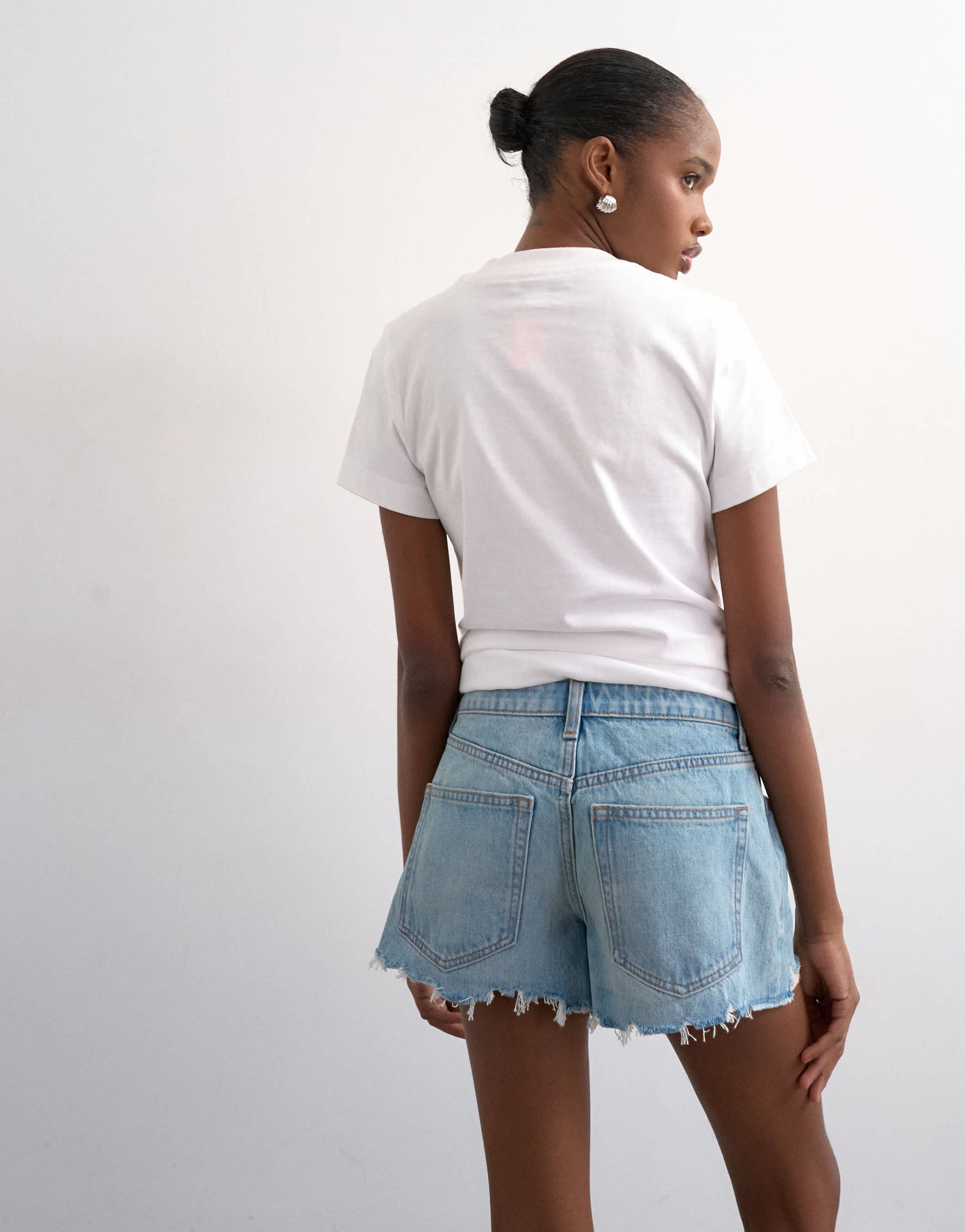 Topshop denim A-line shorts with rip in bleach