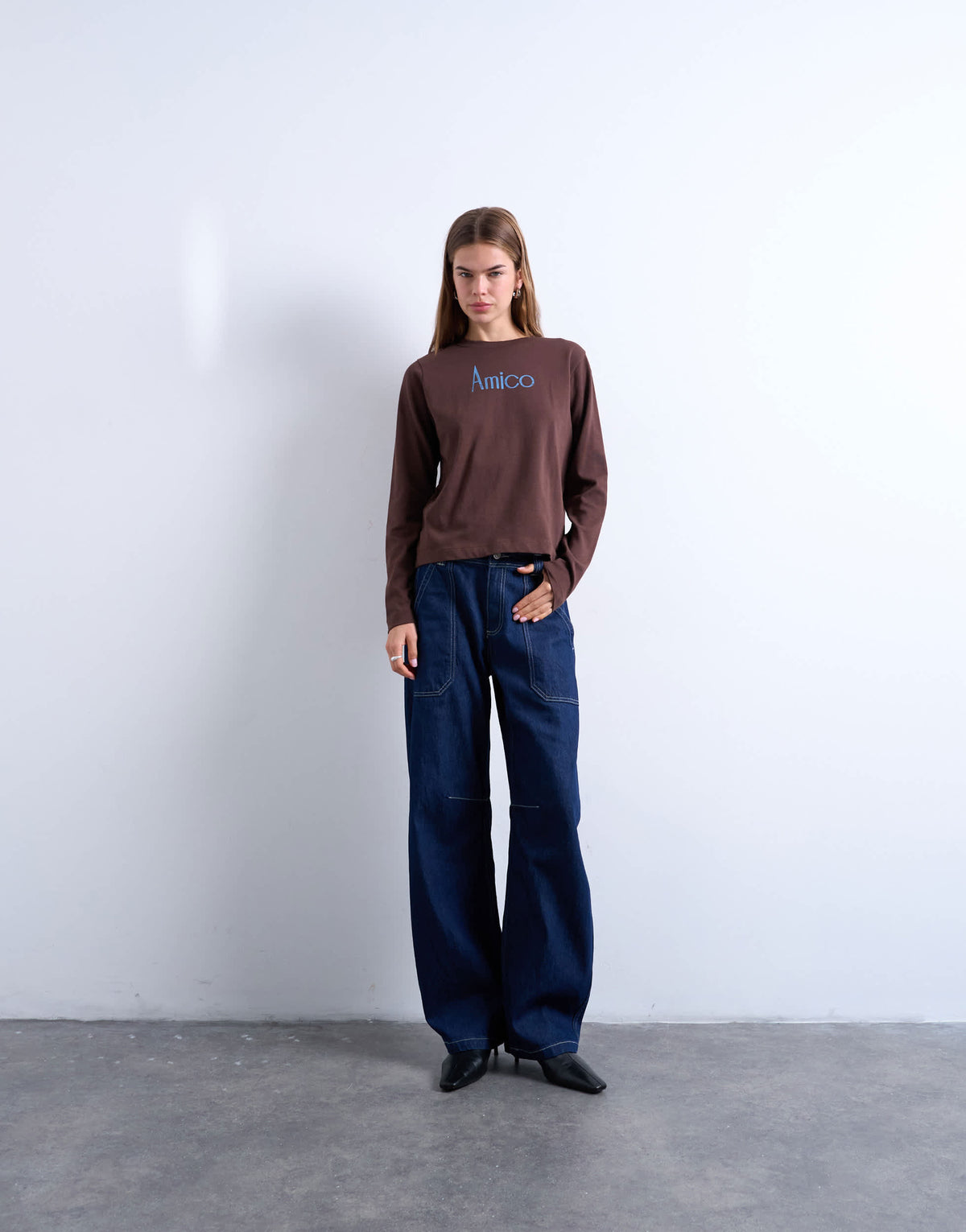 Topshop Amico graphic boxy long sleeve tee in brown