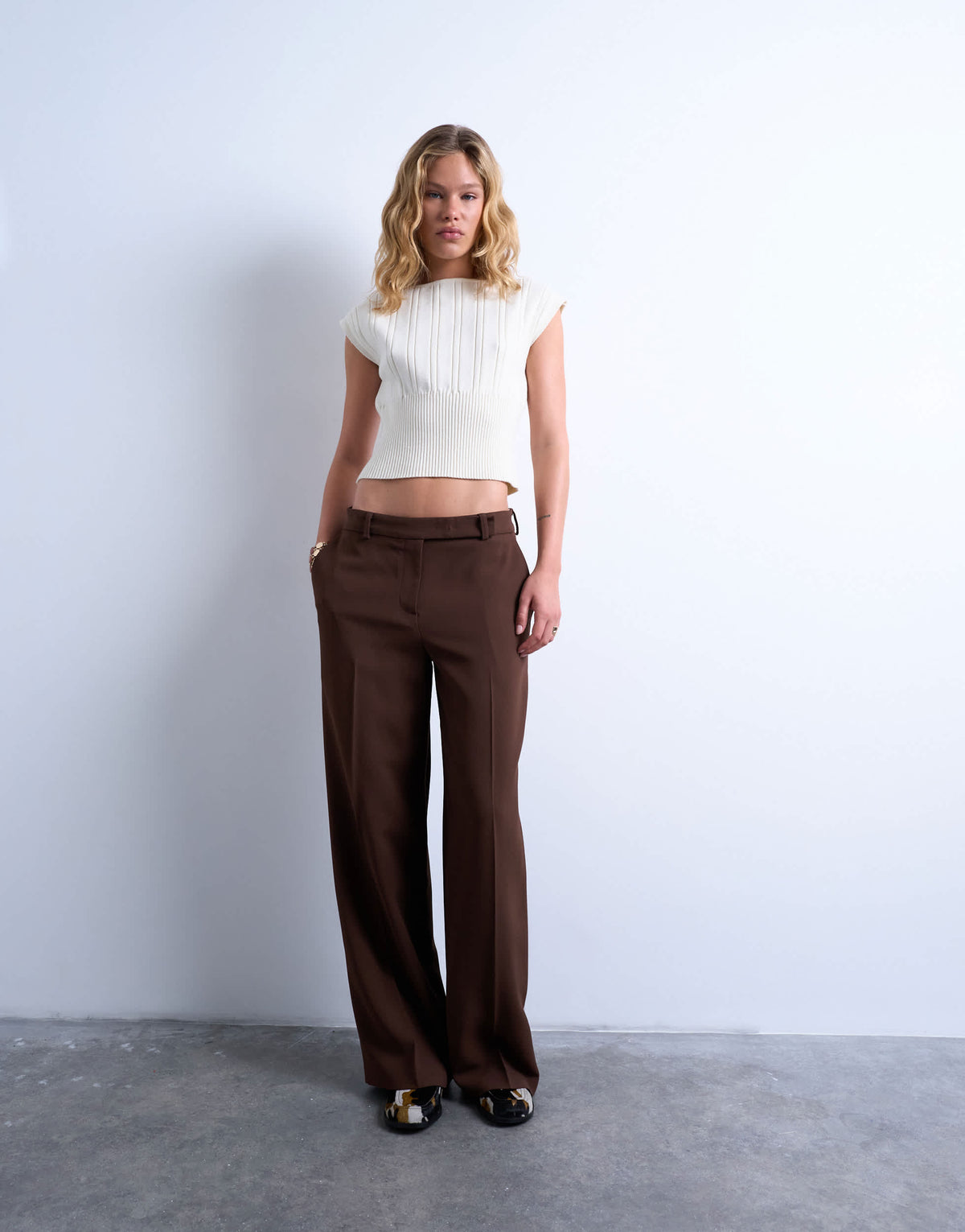 Topshop knitted compact fitted top in ecru