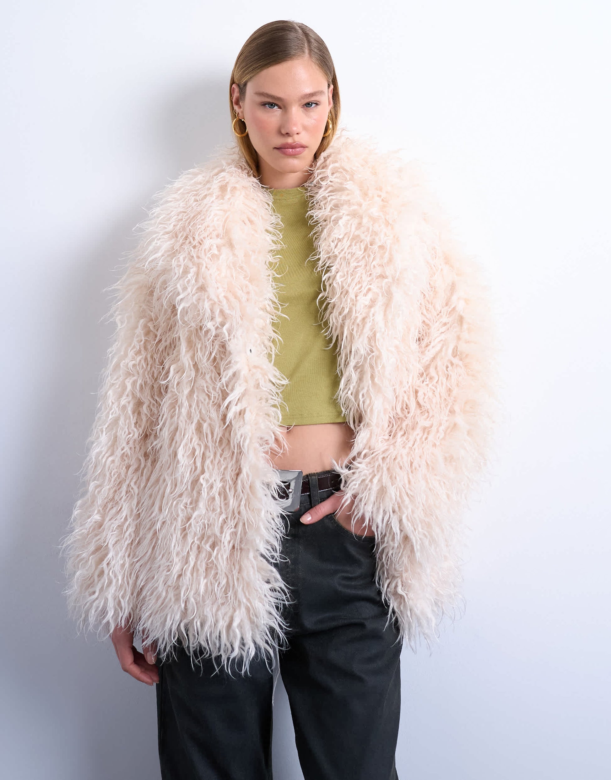 Topshop mongolian faux fur funnel neck mid length coat in white