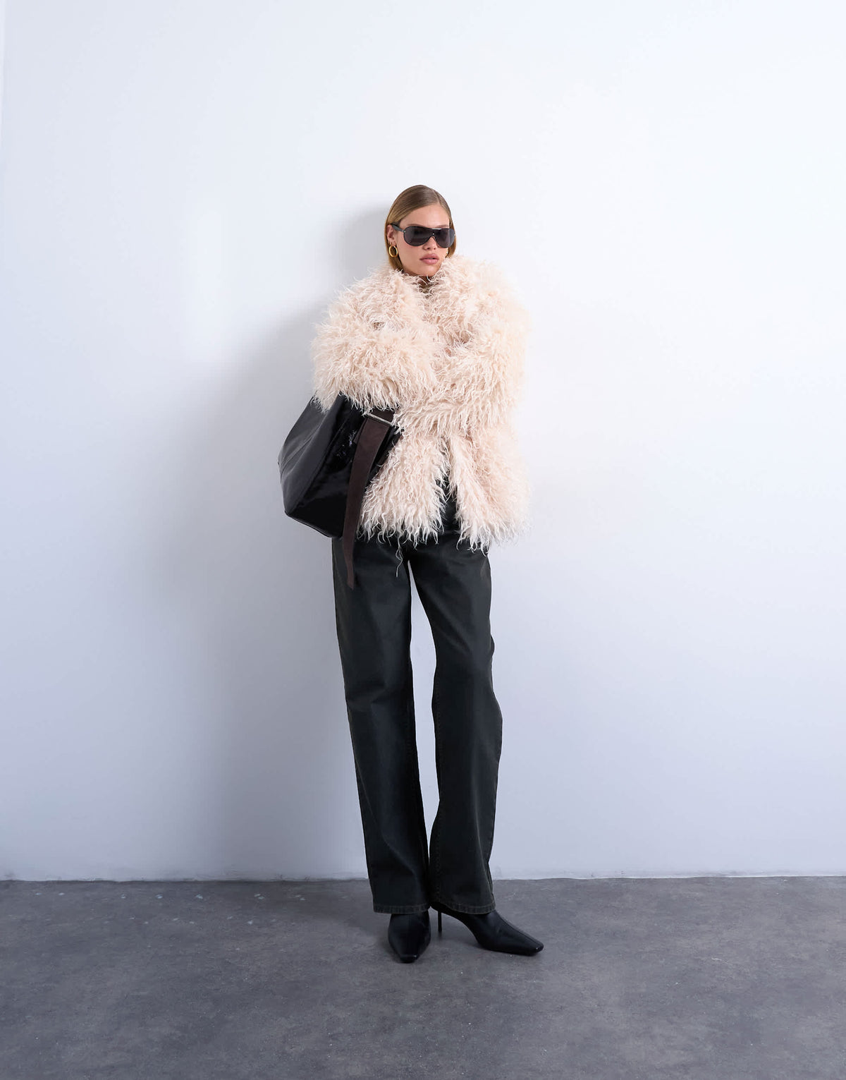 Topshop mongolian faux fur funnel neck mid length coat in white
