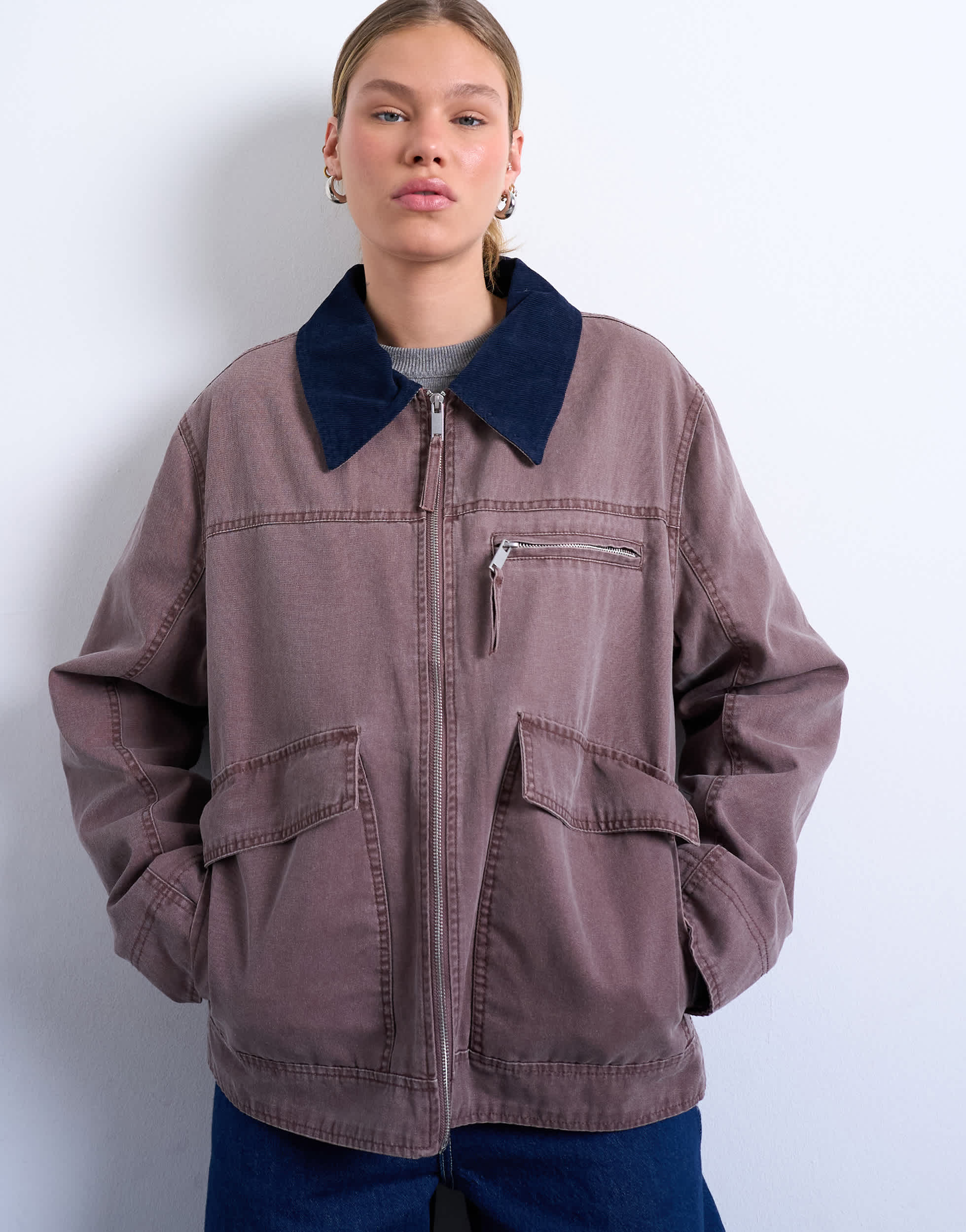 Topshop barn jacket with contrast collar detail in purple