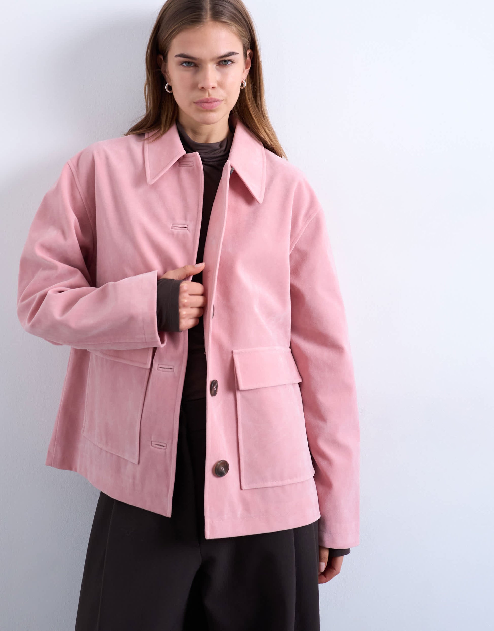 Topshop faux suede patch pocket boxy jacket in pink