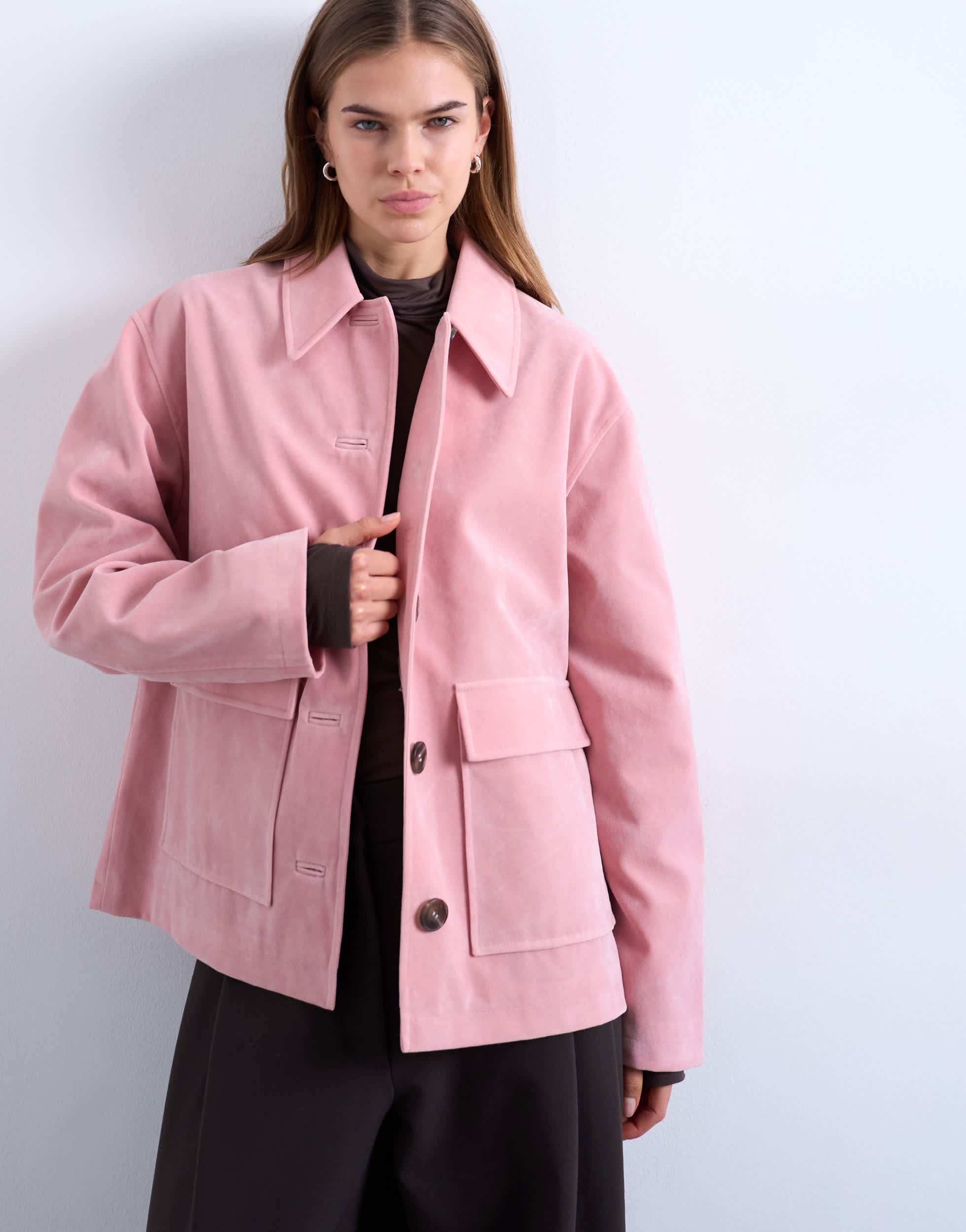 Topshop faux suede patch pocket boxy jacket in pink