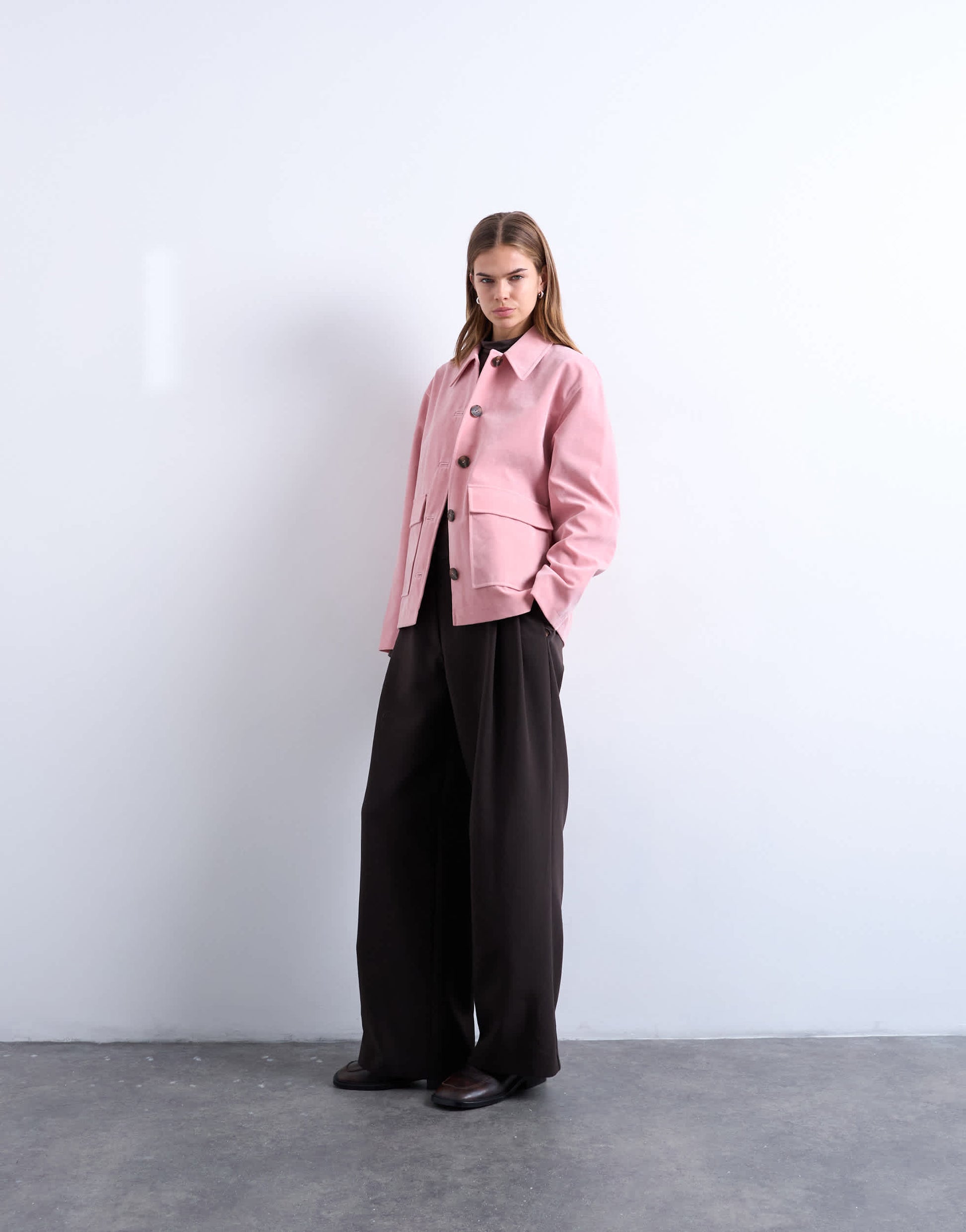 Topshop faux suede patch pocket boxy jacket in pink