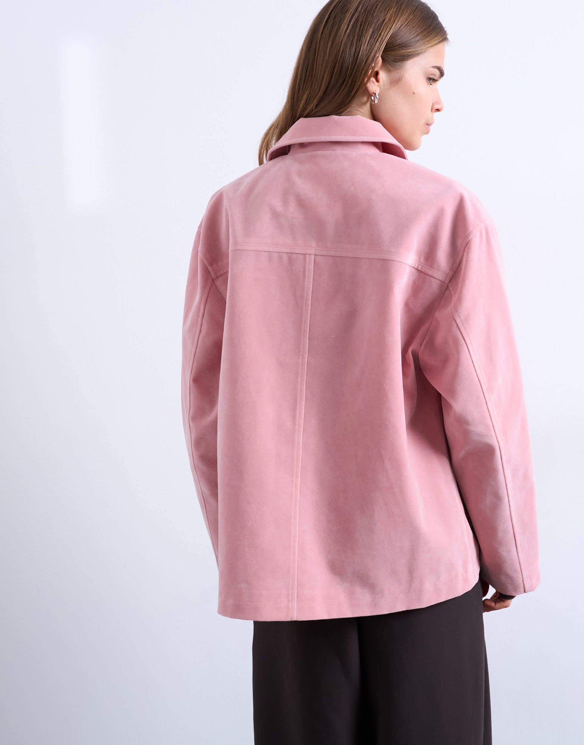 Topshop faux suede patch pocket boxy jacket in pink