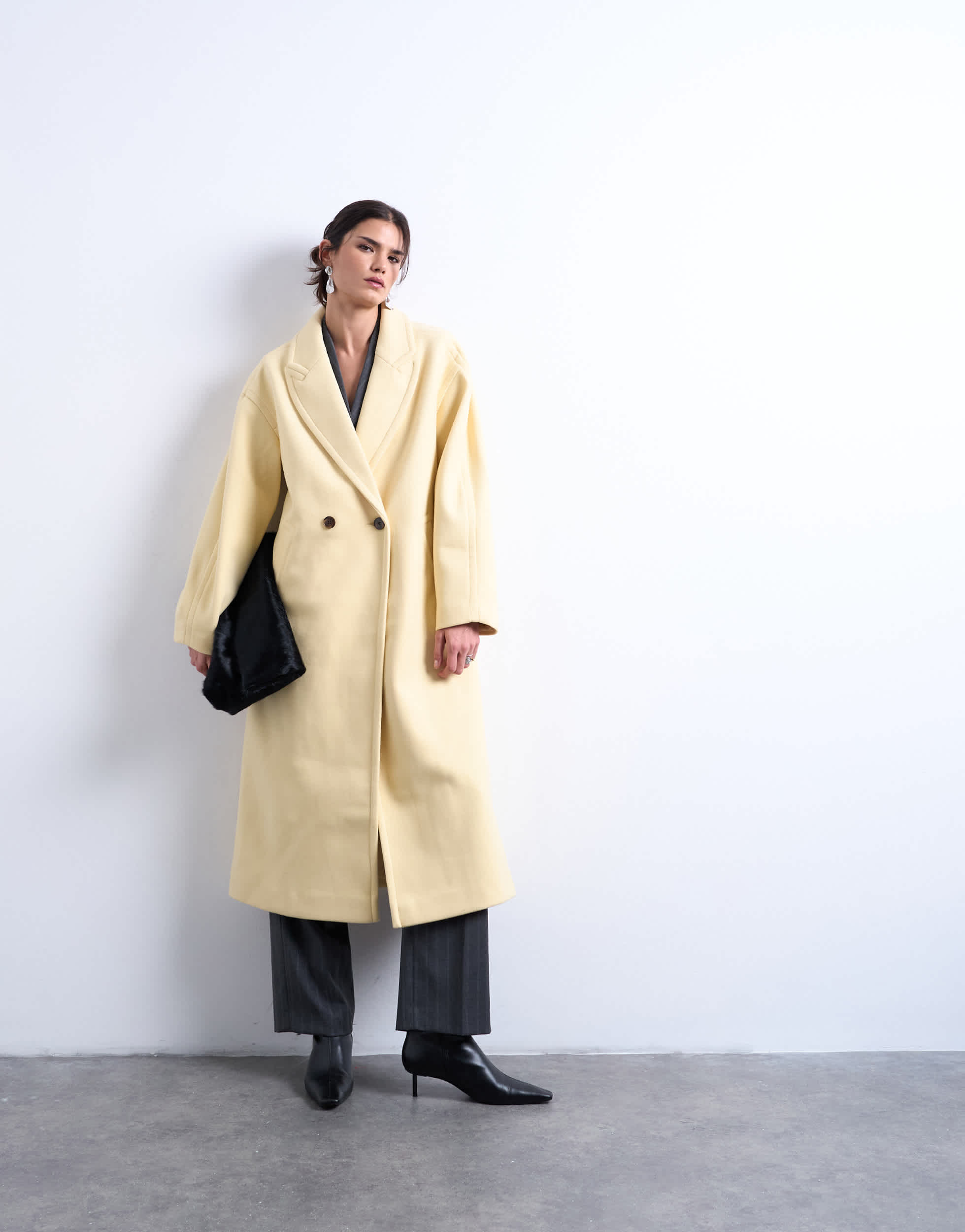 Topshop ovoid sleeve double breasted longline formal coat in buttermilk