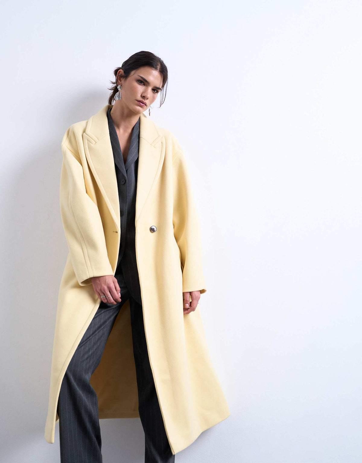 Topshop ovoid sleeve double breasted longline formal coat in buttermilk