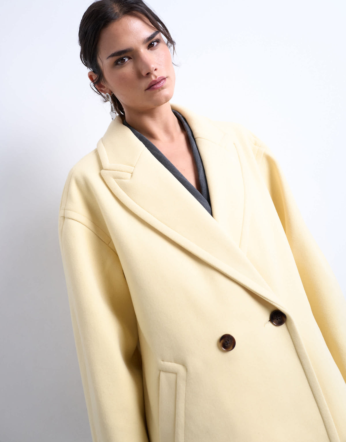 Topshop ovoid sleeve double breasted longline formal coat in buttermilk