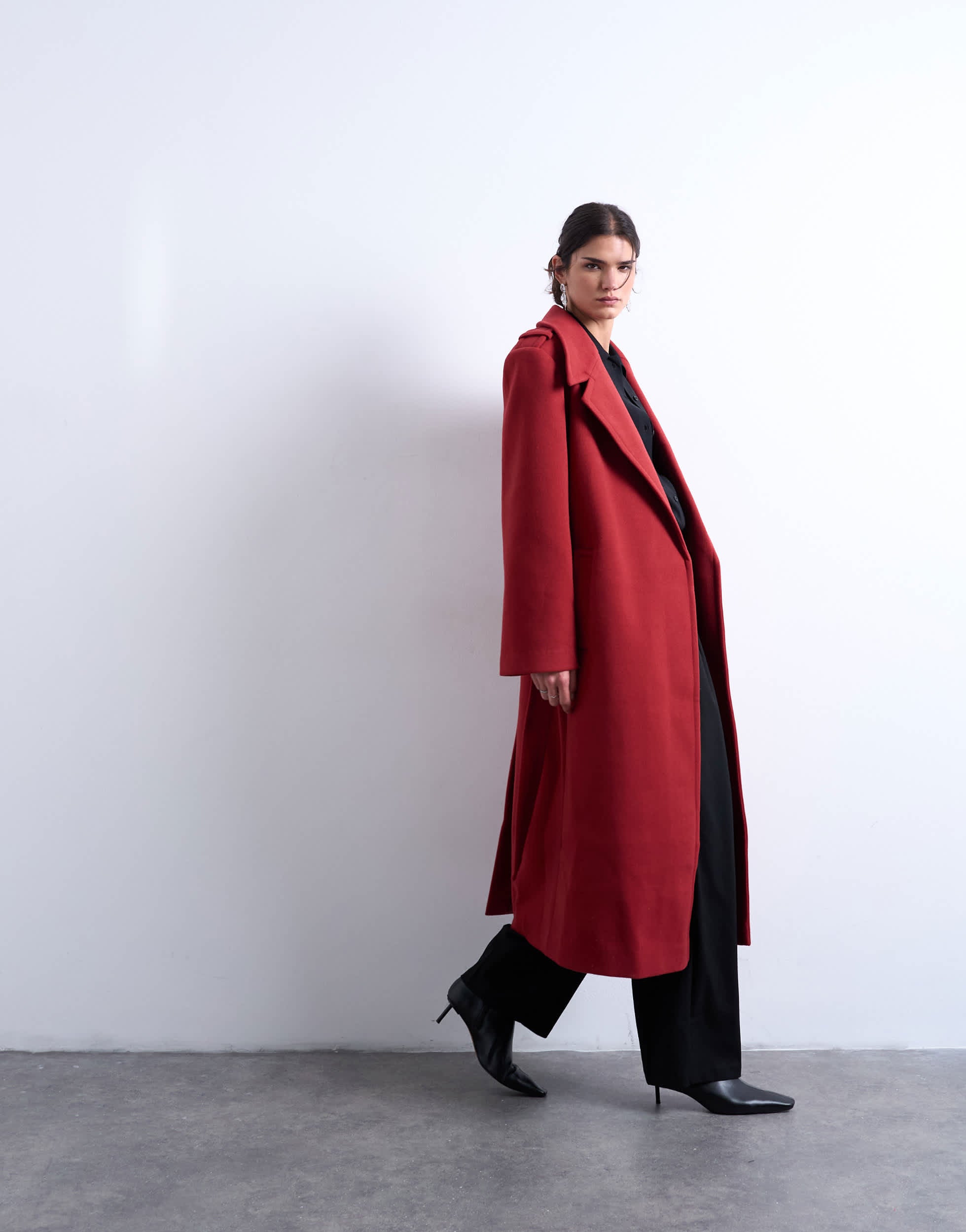 Topshop dropped belt longline formal coat in red