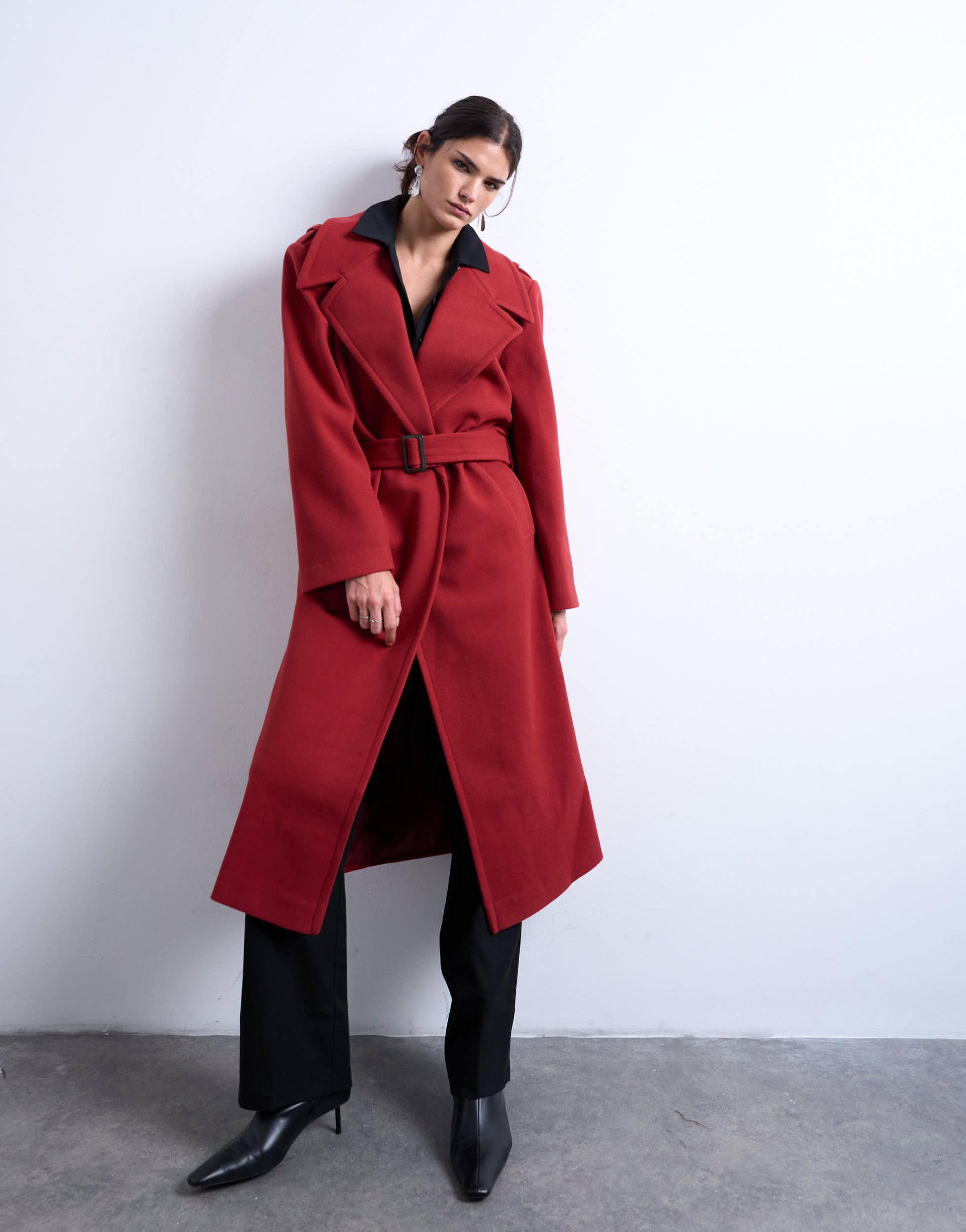 Topshop dropped belt longline formal coat in red
