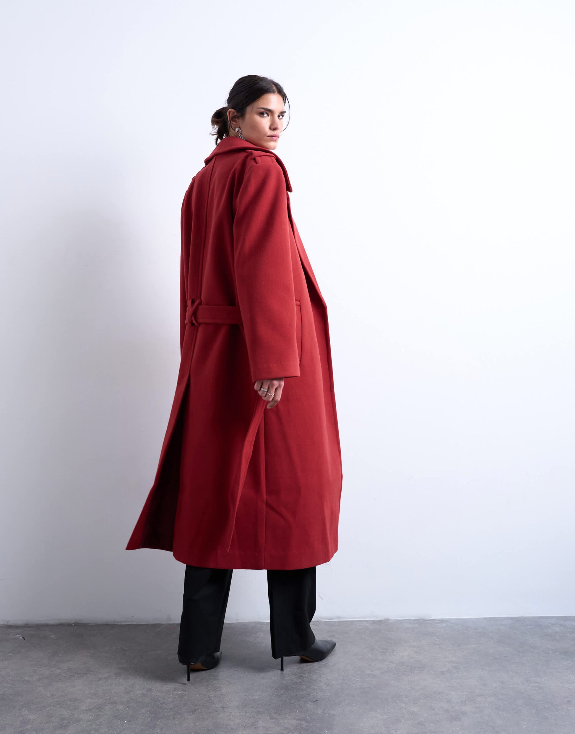 Topshop dropped belt longline formal coat in red