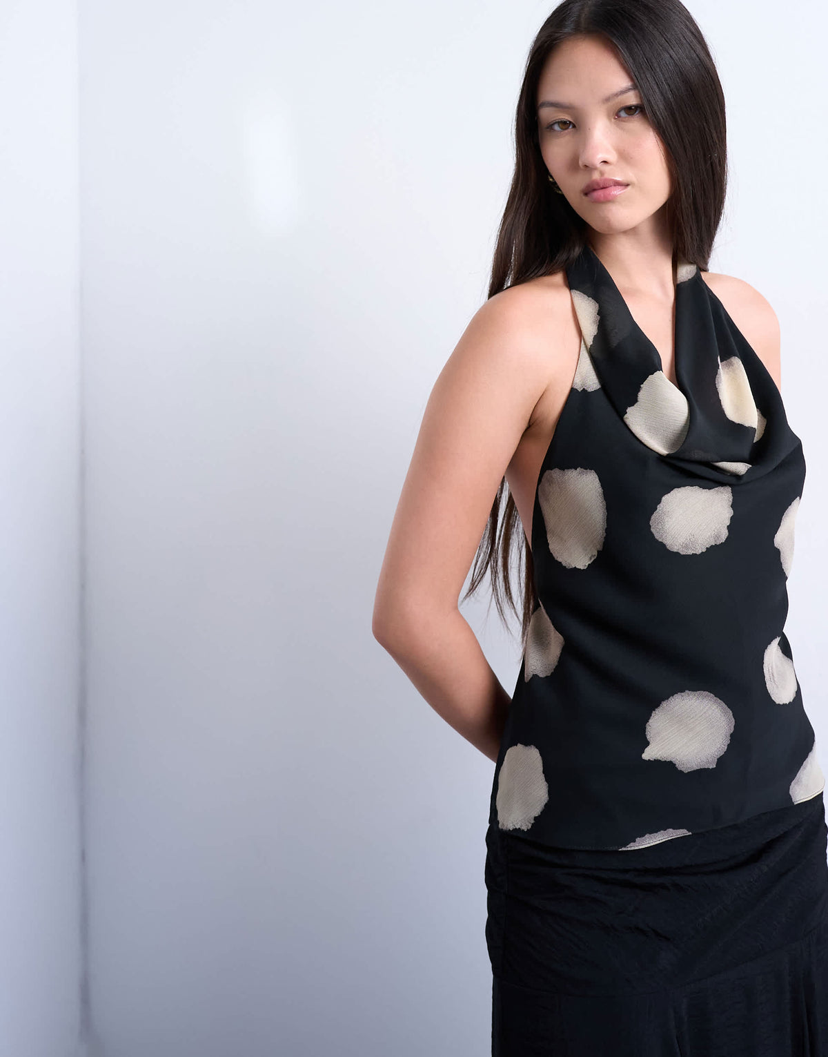 Topshop chiffon cowl neck top in mono spot print