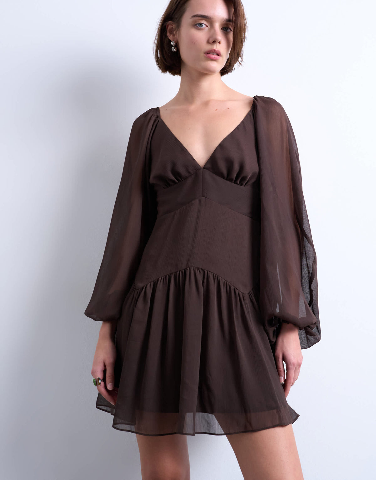 Topshop blouson sleeve mini tea dress in chocolate brown