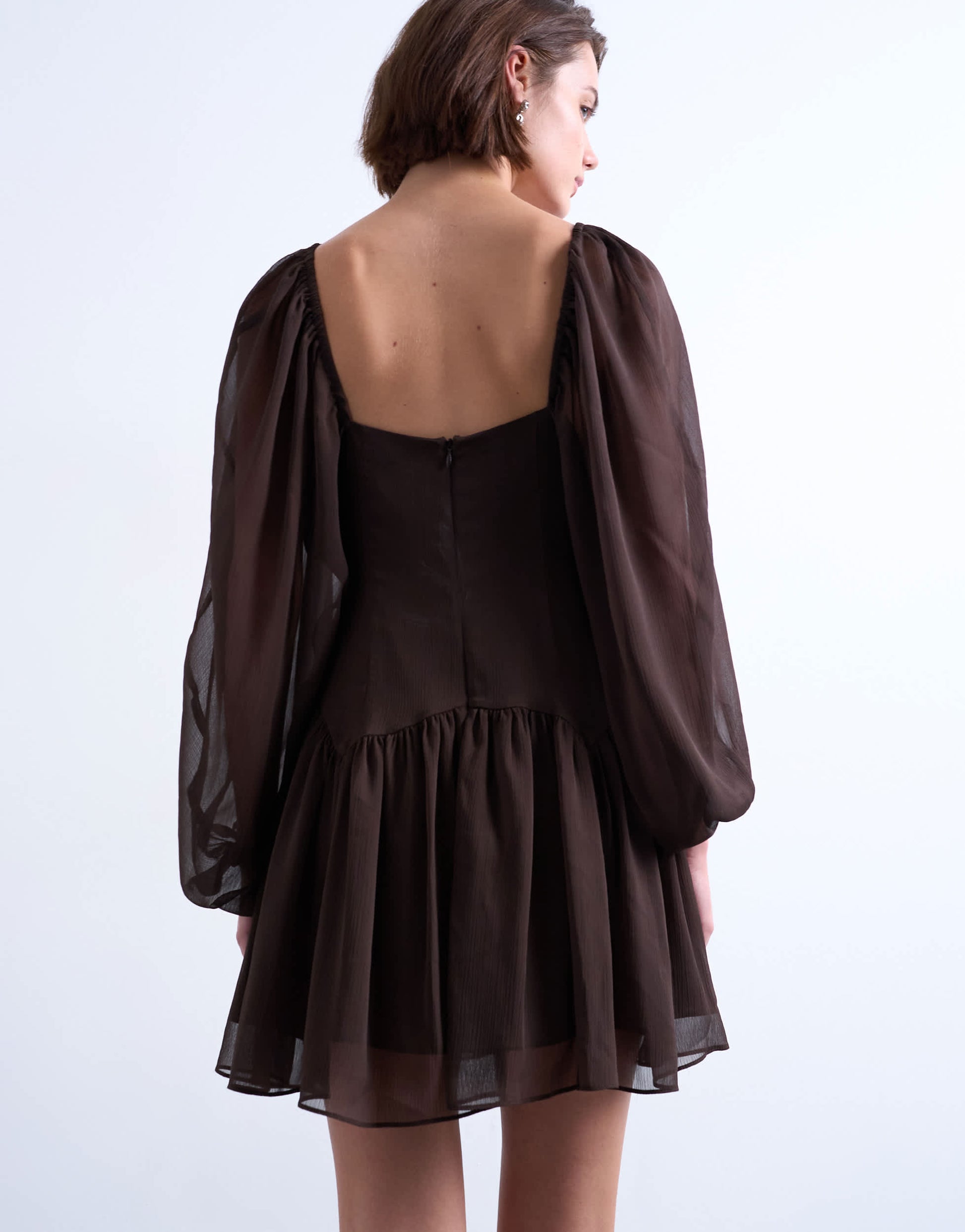 Topshop blouson sleeve mini tea dress in chocolate brown