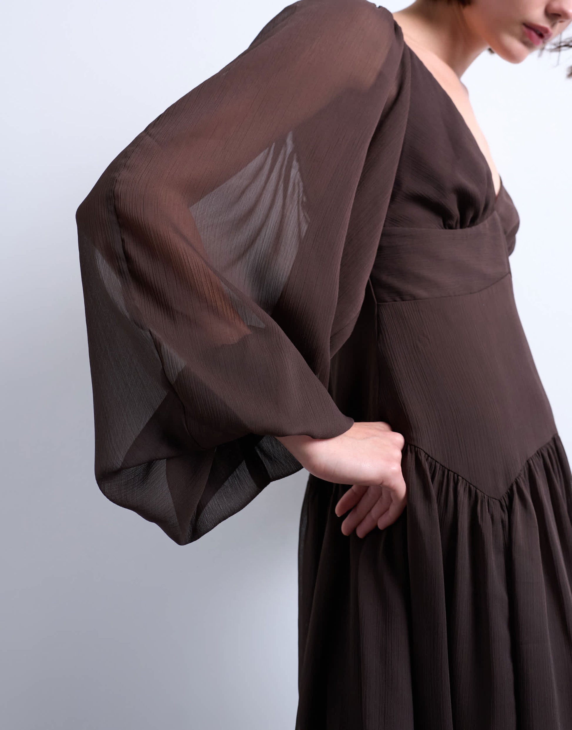 Topshop blouson sleeve mini tea dress in chocolate brown