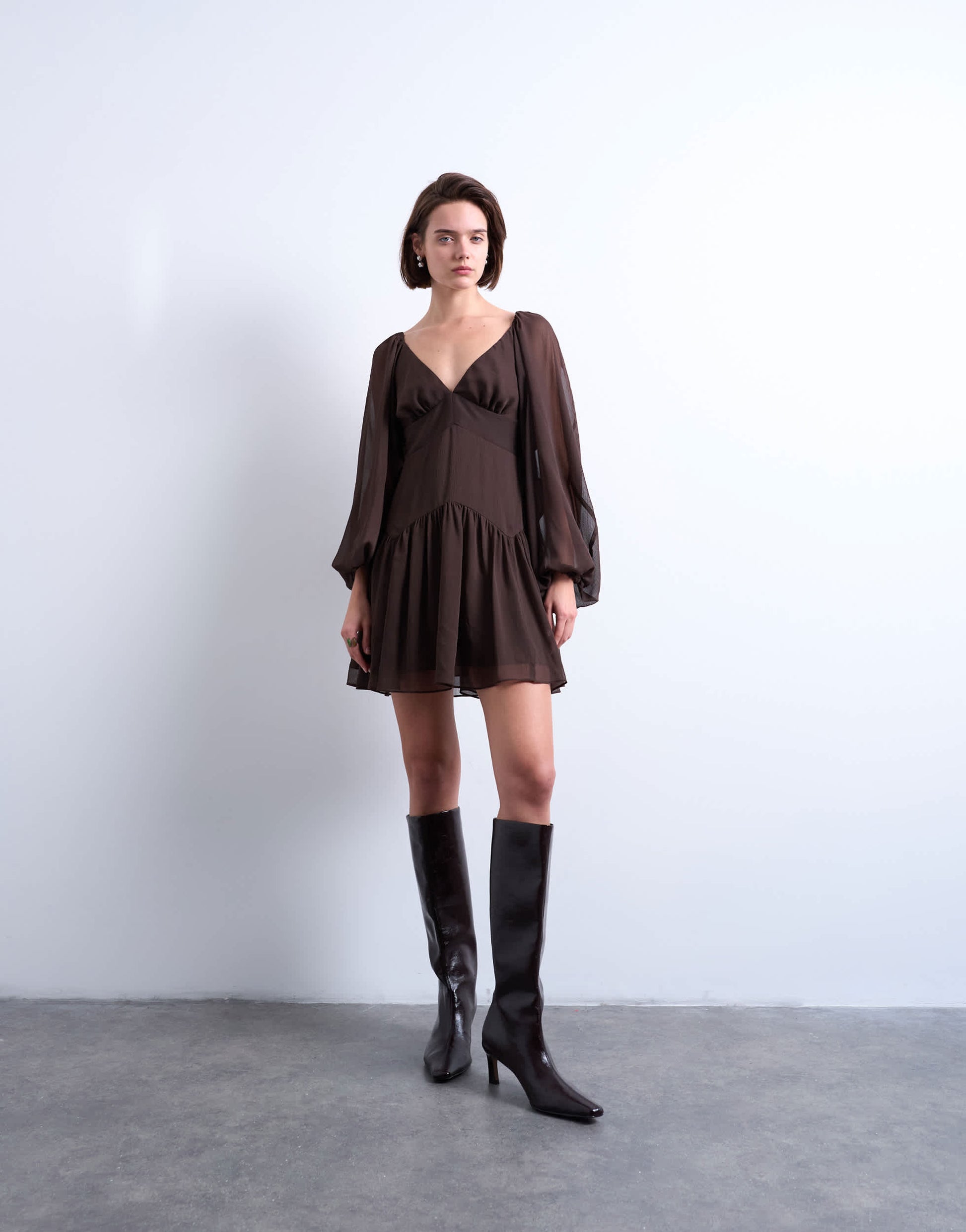 Topshop blouson sleeve mini tea dress in chocolate brown